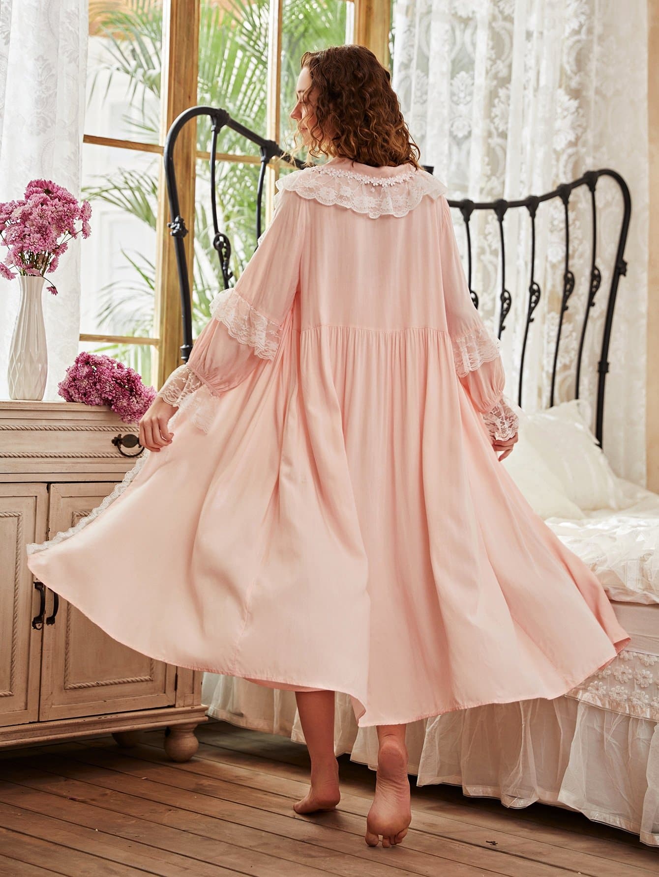 Pink Contrast Lace Spaghetti Strap Slip Sleepwear Dress and Robe