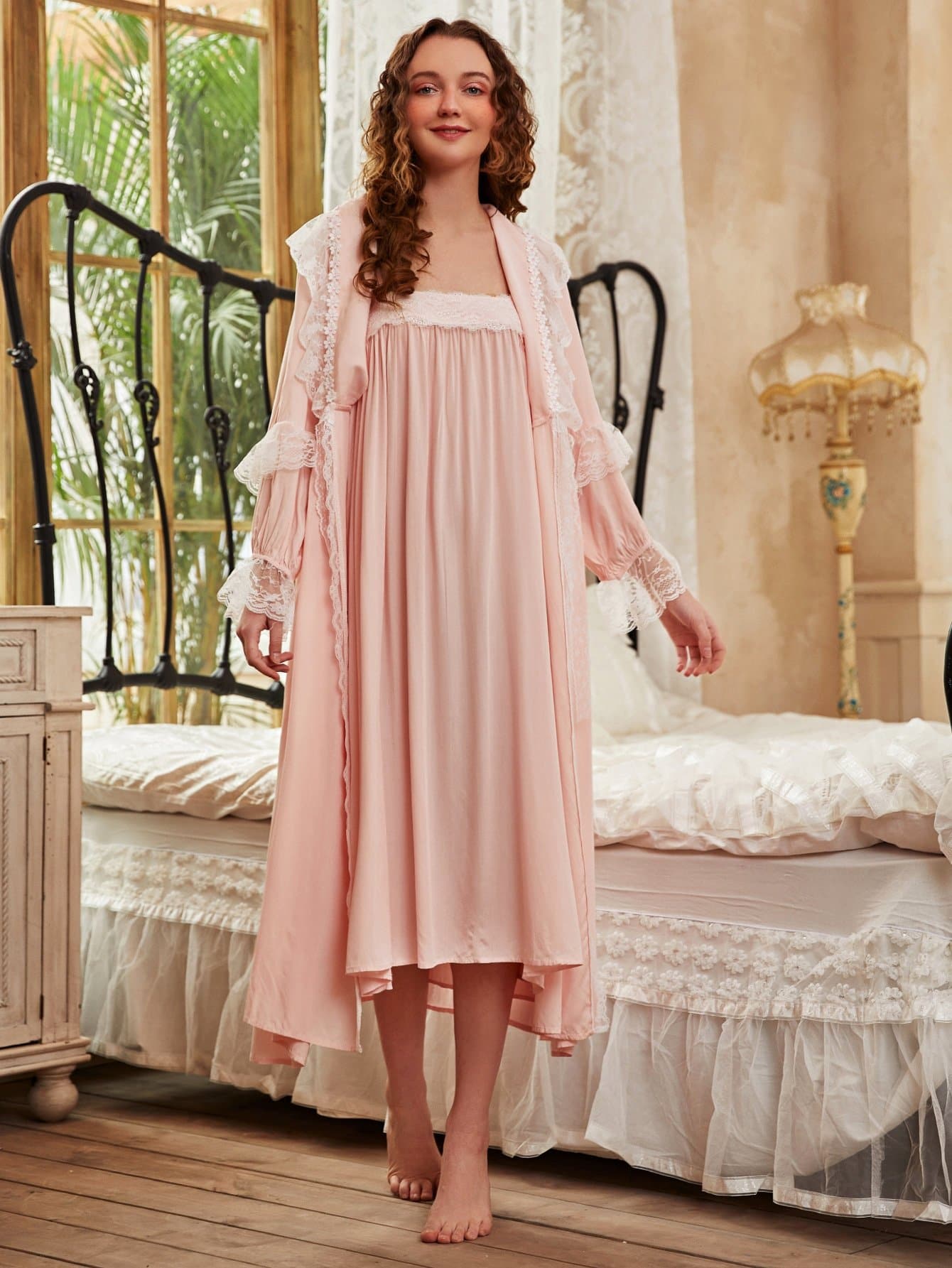 Pink Contrast Lace Spaghetti Strap Slip Sleepwear Dress and Robe