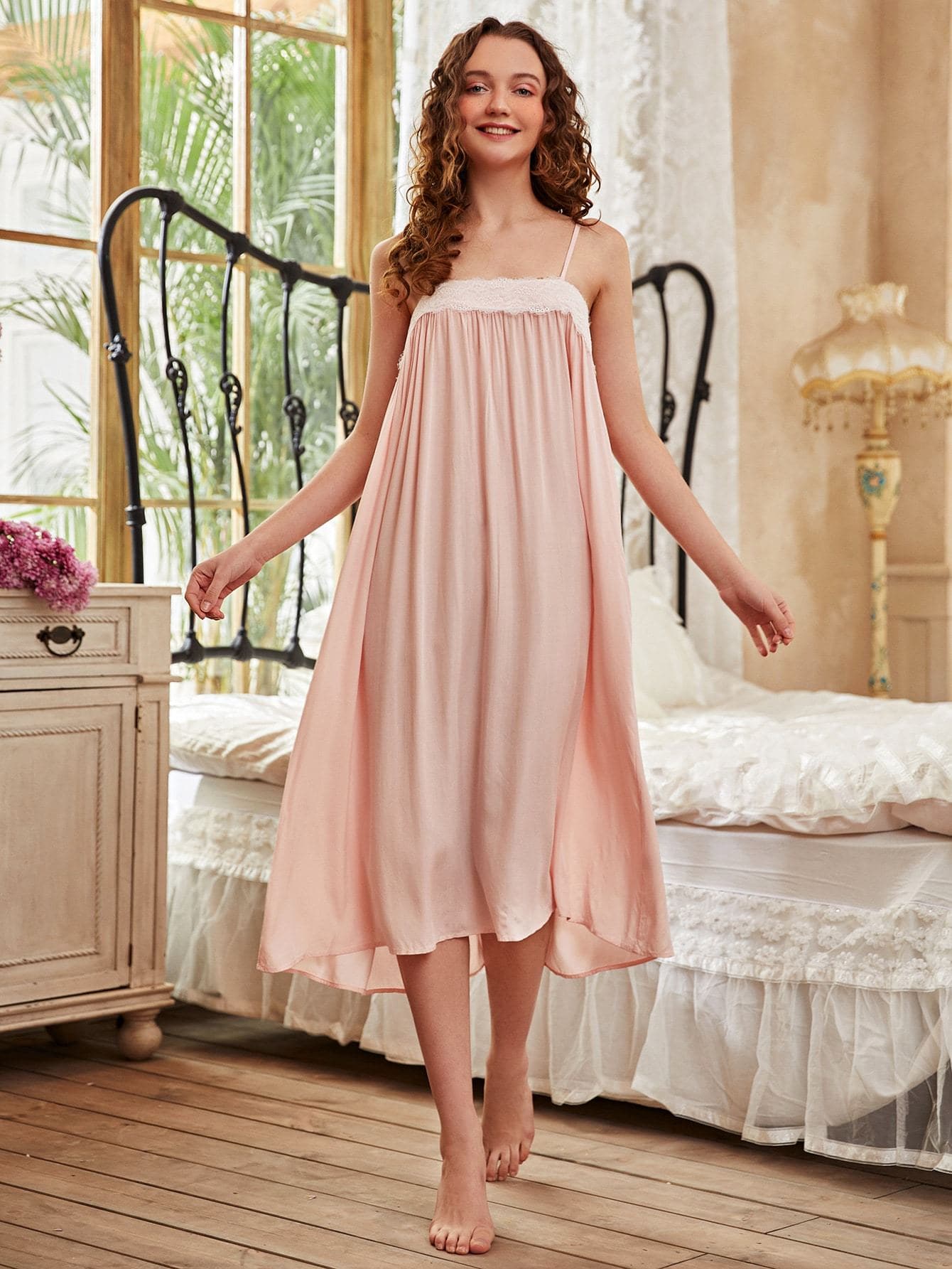 Pink Contrast Lace Spaghetti Strap Slip Sleepwear Dress and Robe