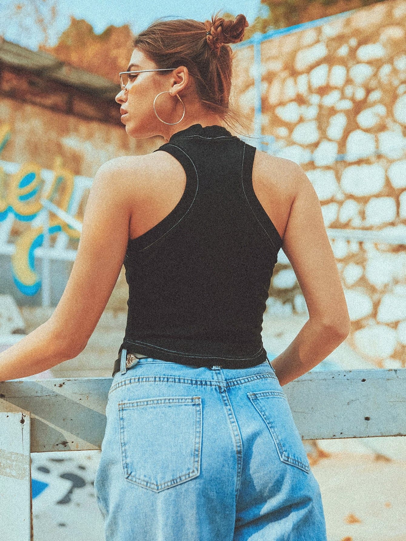 Black Stand Collar Contrast Stitch Slim Fit Tank Top