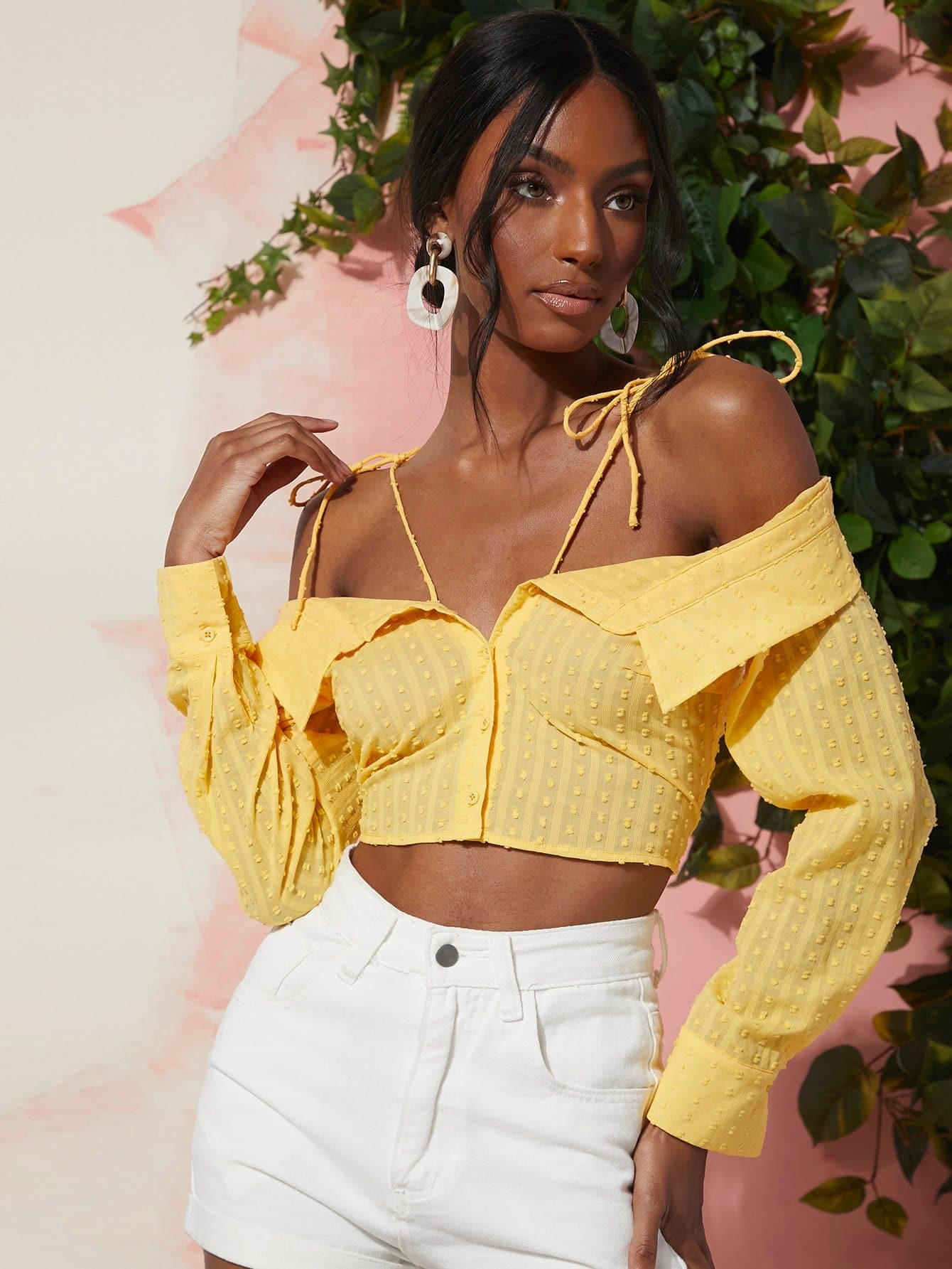 Yellow Cold Shoulder Fold over Swiss Dot Crop Blouse Top
