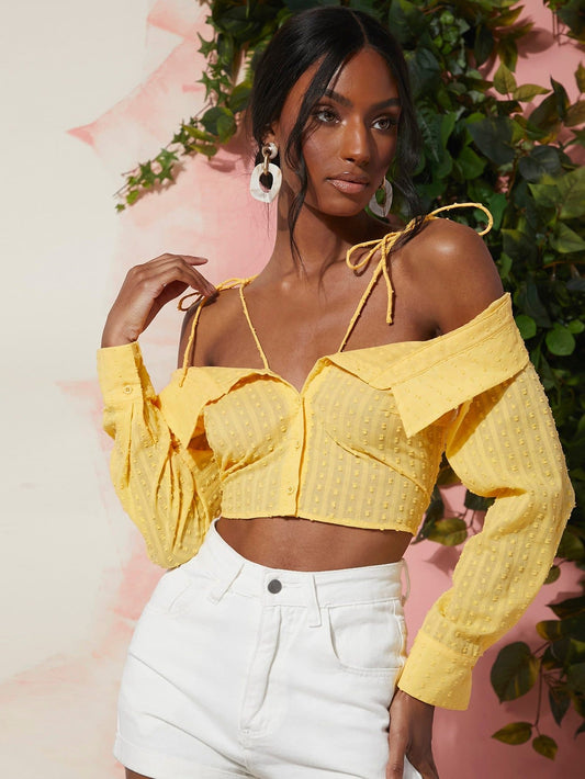 Yellow Cold Shoulder Fold over Swiss Dot Crop Blouse Top