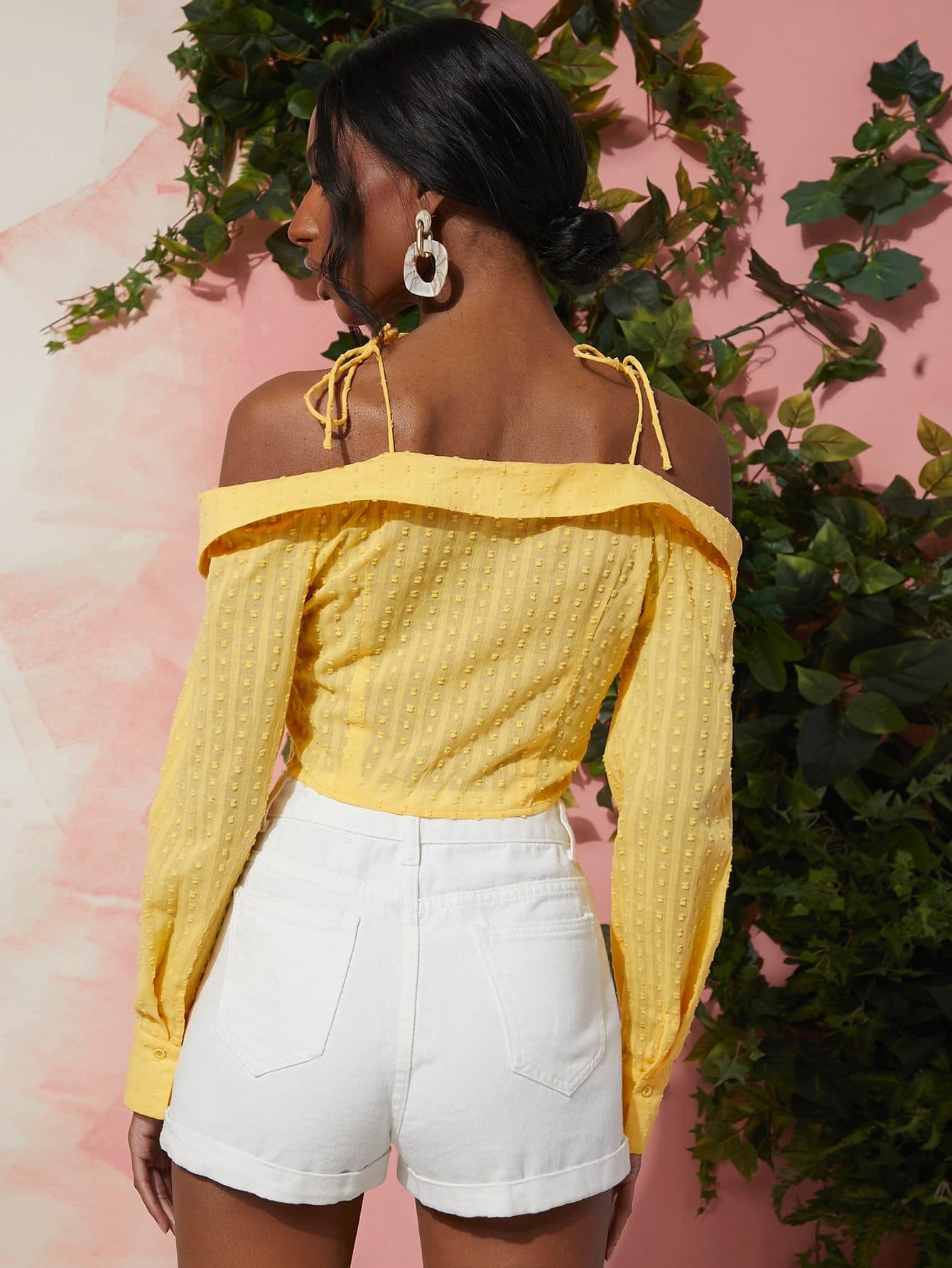 Yellow Cold Shoulder Fold over Swiss Dot Crop Blouse Top