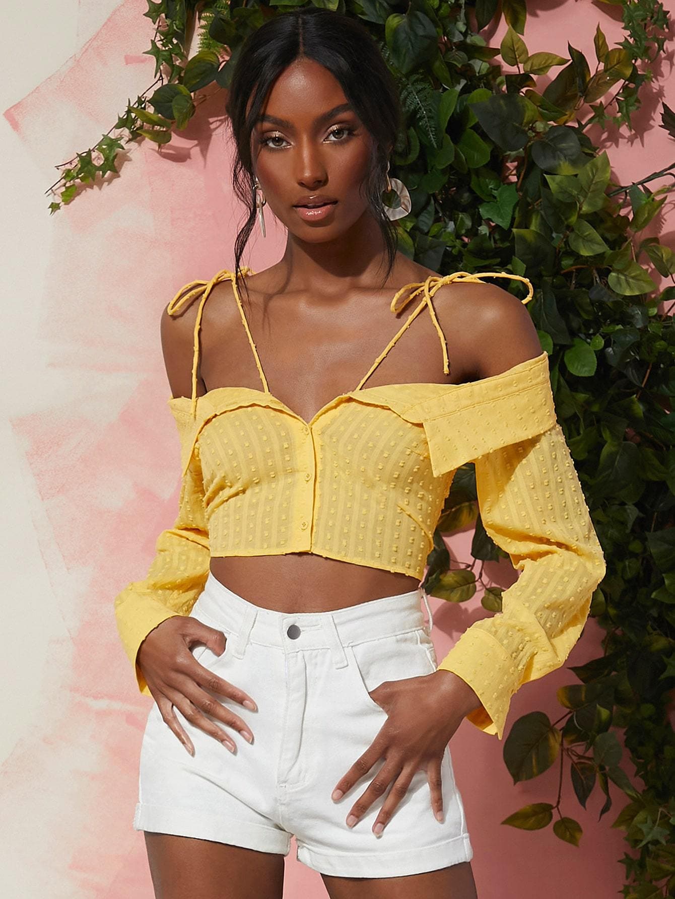 Yellow Cold Shoulder Fold over Swiss Dot Crop Blouse Top