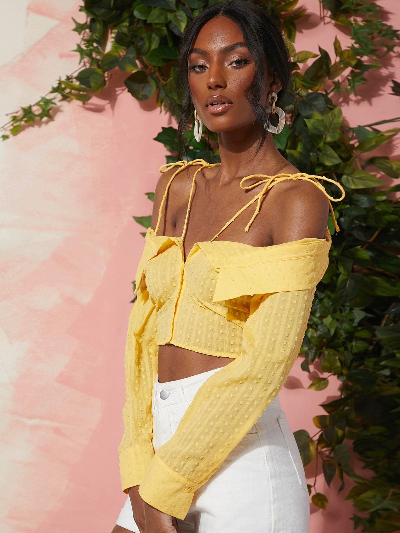 Yellow Cold Shoulder Fold over Swiss Dot Crop Blouse Top