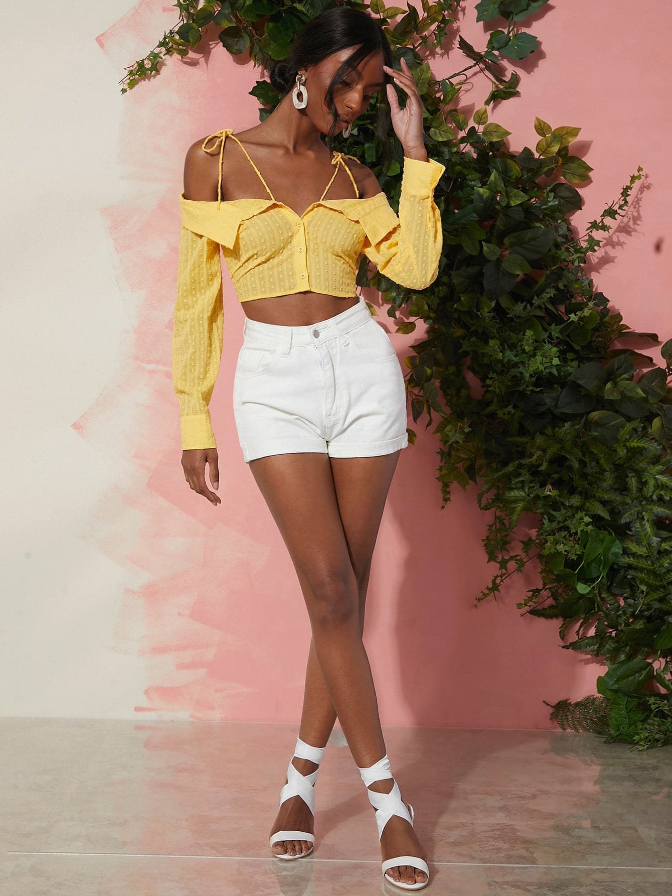 Yellow Cold Shoulder Fold over Swiss Dot Crop Blouse Top