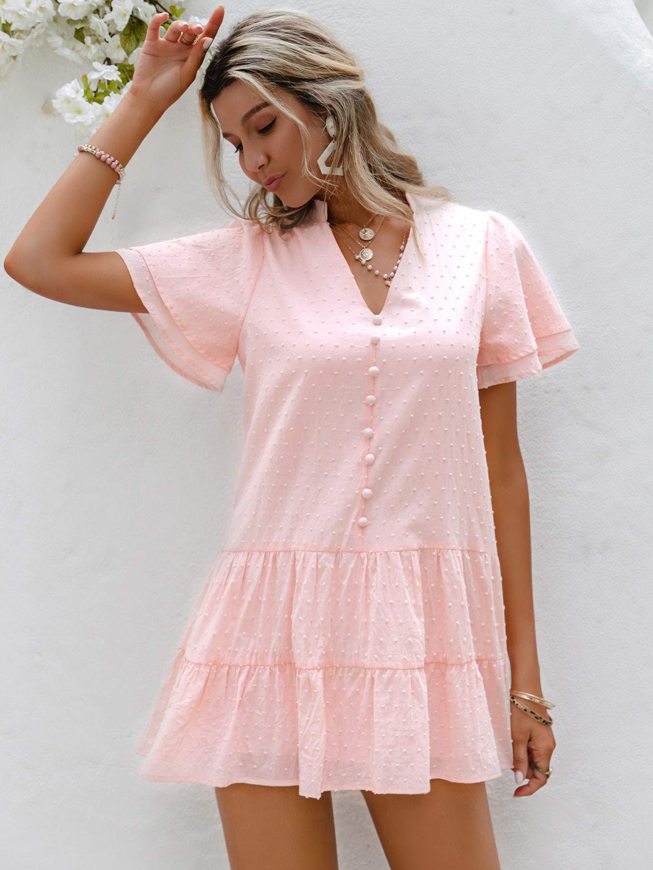 Pastel Pink V-Neck Button Front Flounce Sleeve Ruffle Hem Swiss Dot Smock Dress