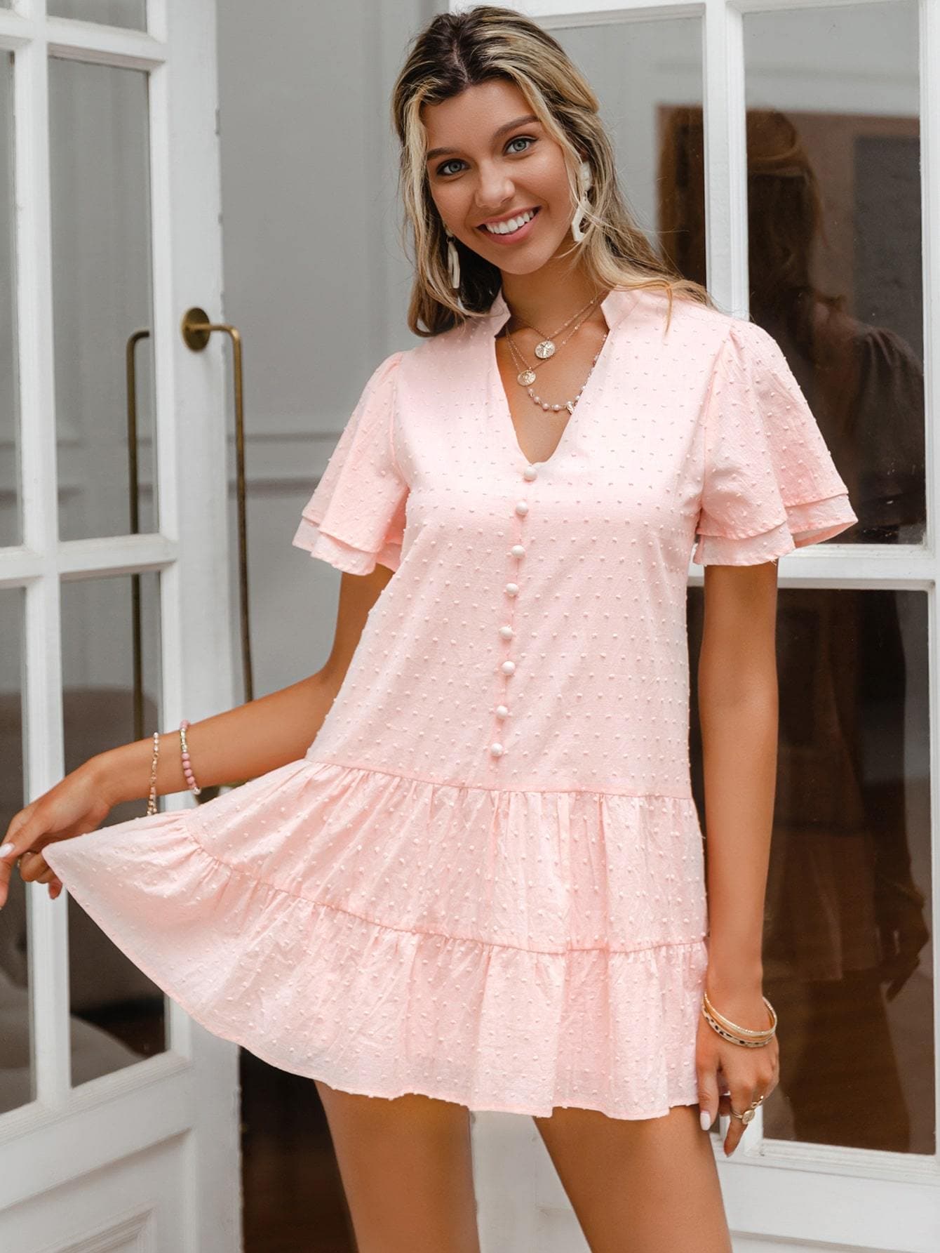 Pastel Pink V-Neck Button Front Flounce Sleeve Ruffle Hem Swiss Dot Smock Dress