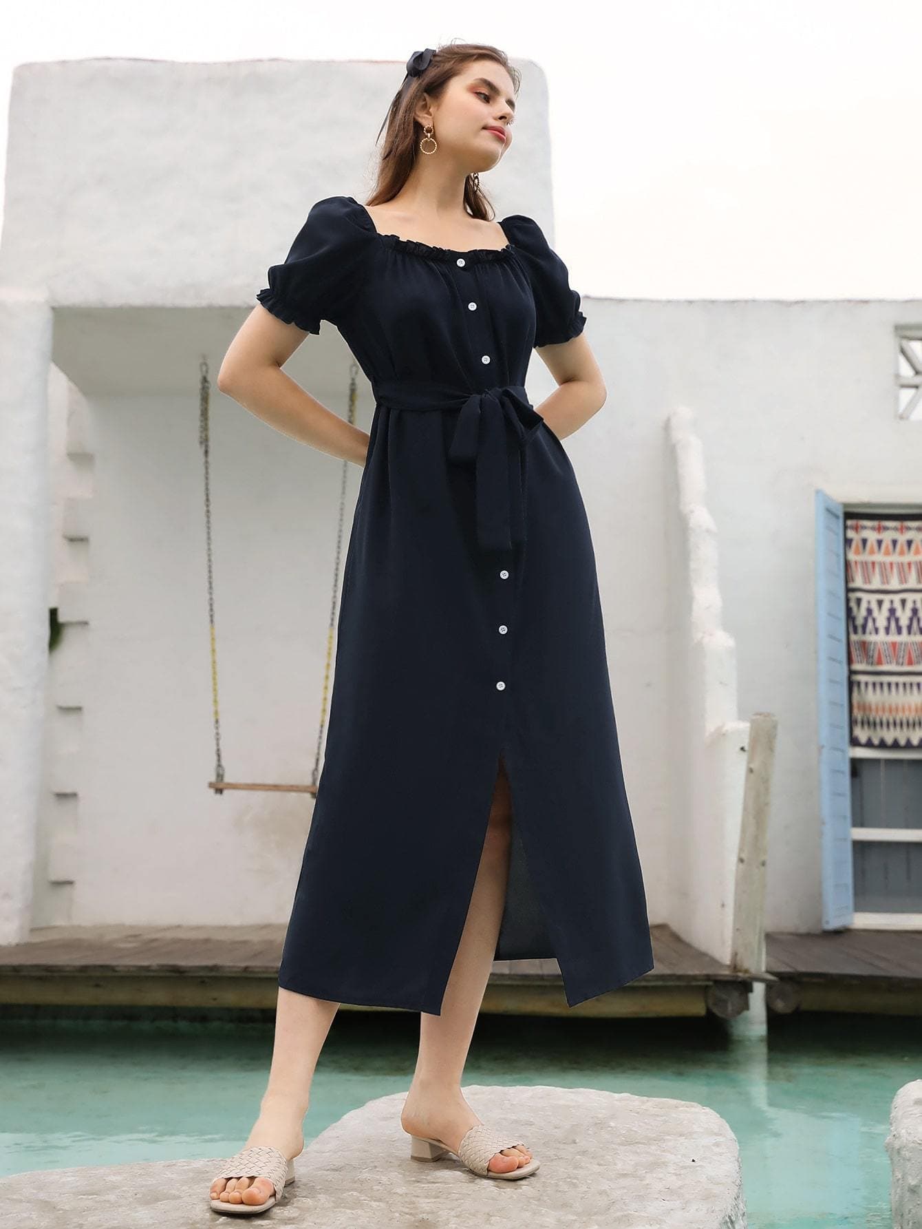 Navy Blue Flounce Sleeve Button Front High Waist Belted Dress