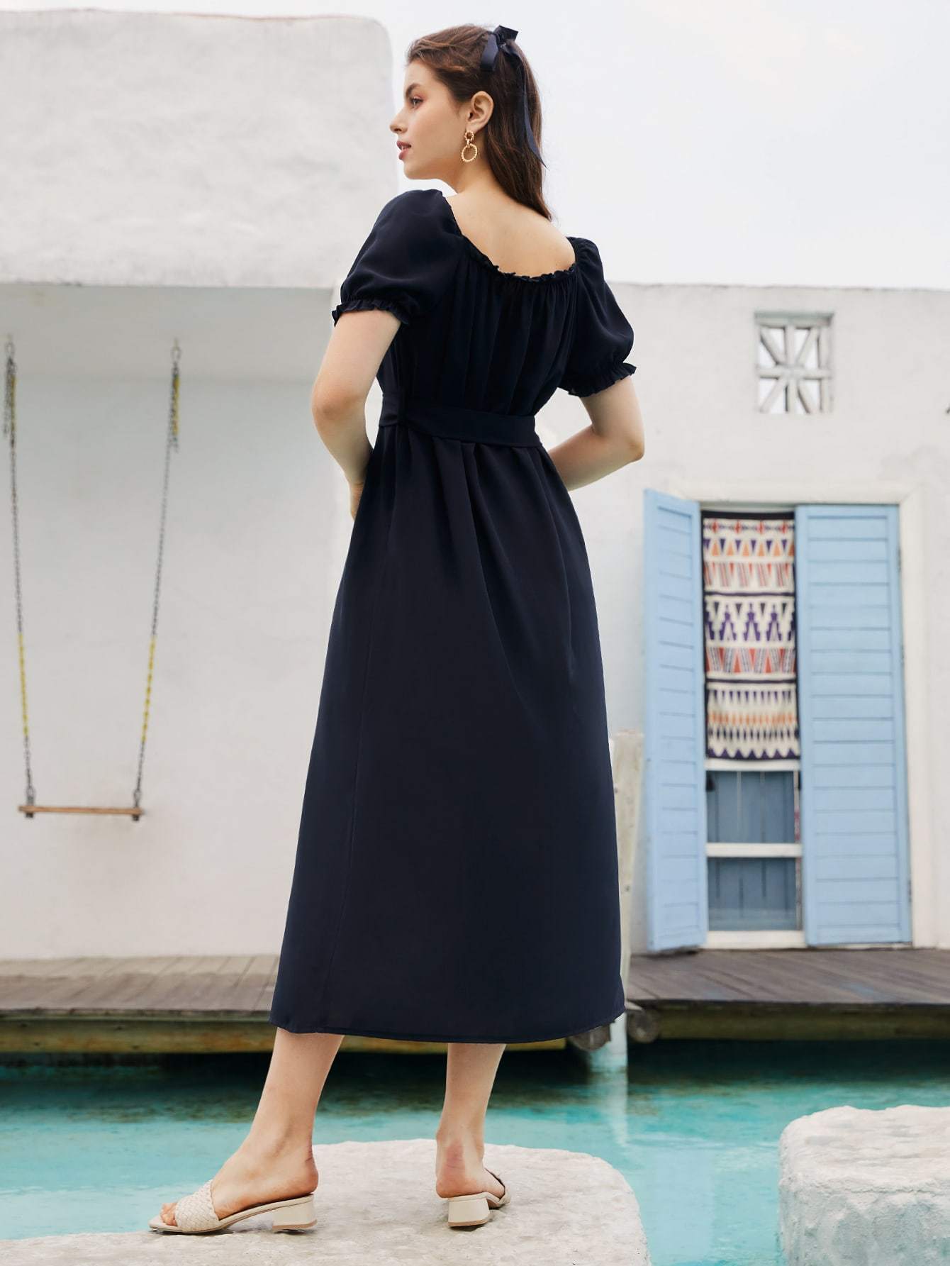 Navy Blue Flounce Sleeve Button Front High Waist Belted Dress