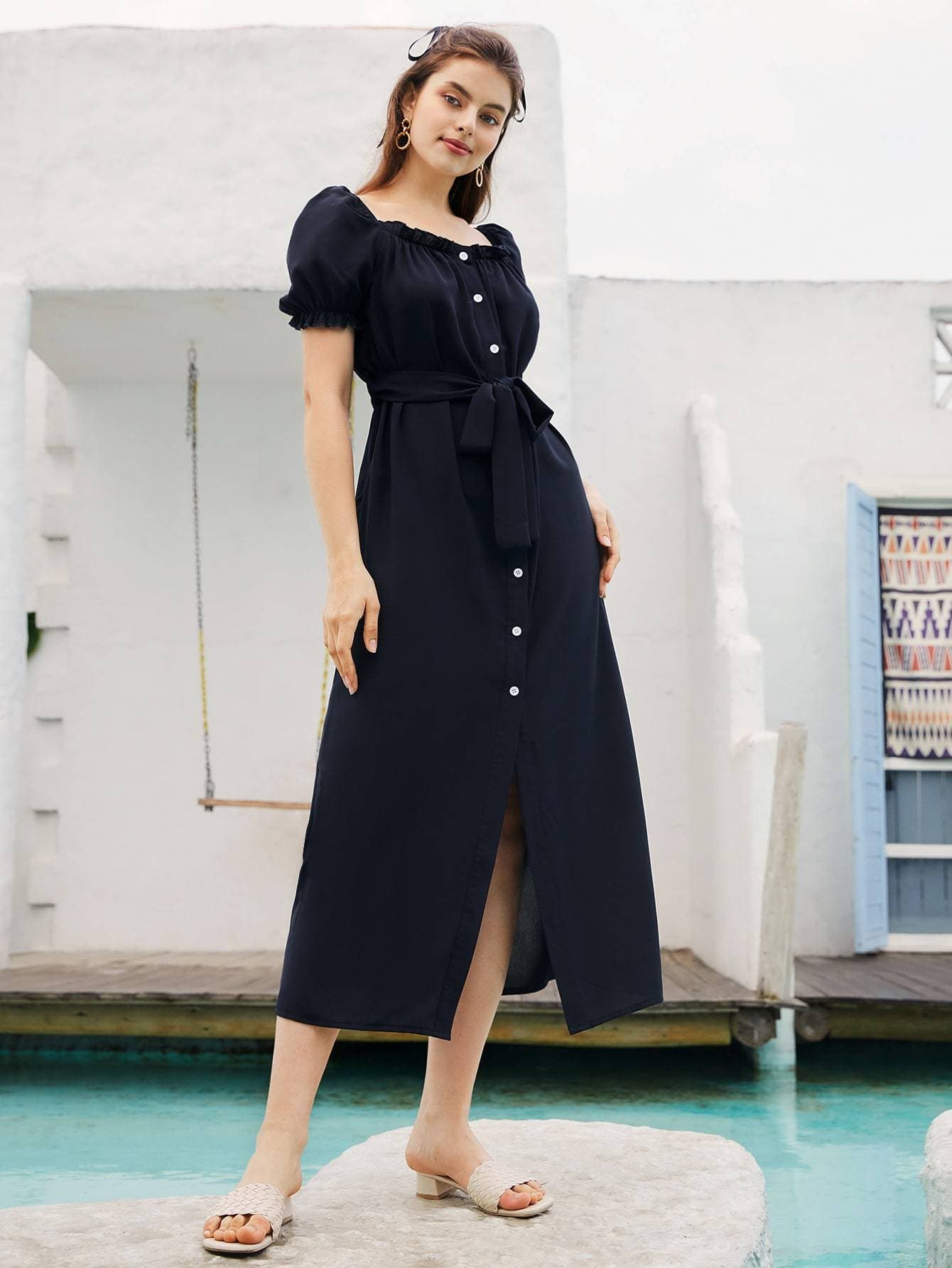 Navy Blue Flounce Sleeve Button Front High Waist Belted Dress