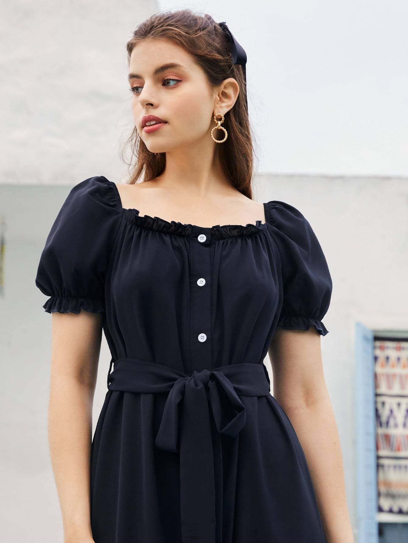 Navy Blue Flounce Sleeve Button Front High Waist Belted Dress