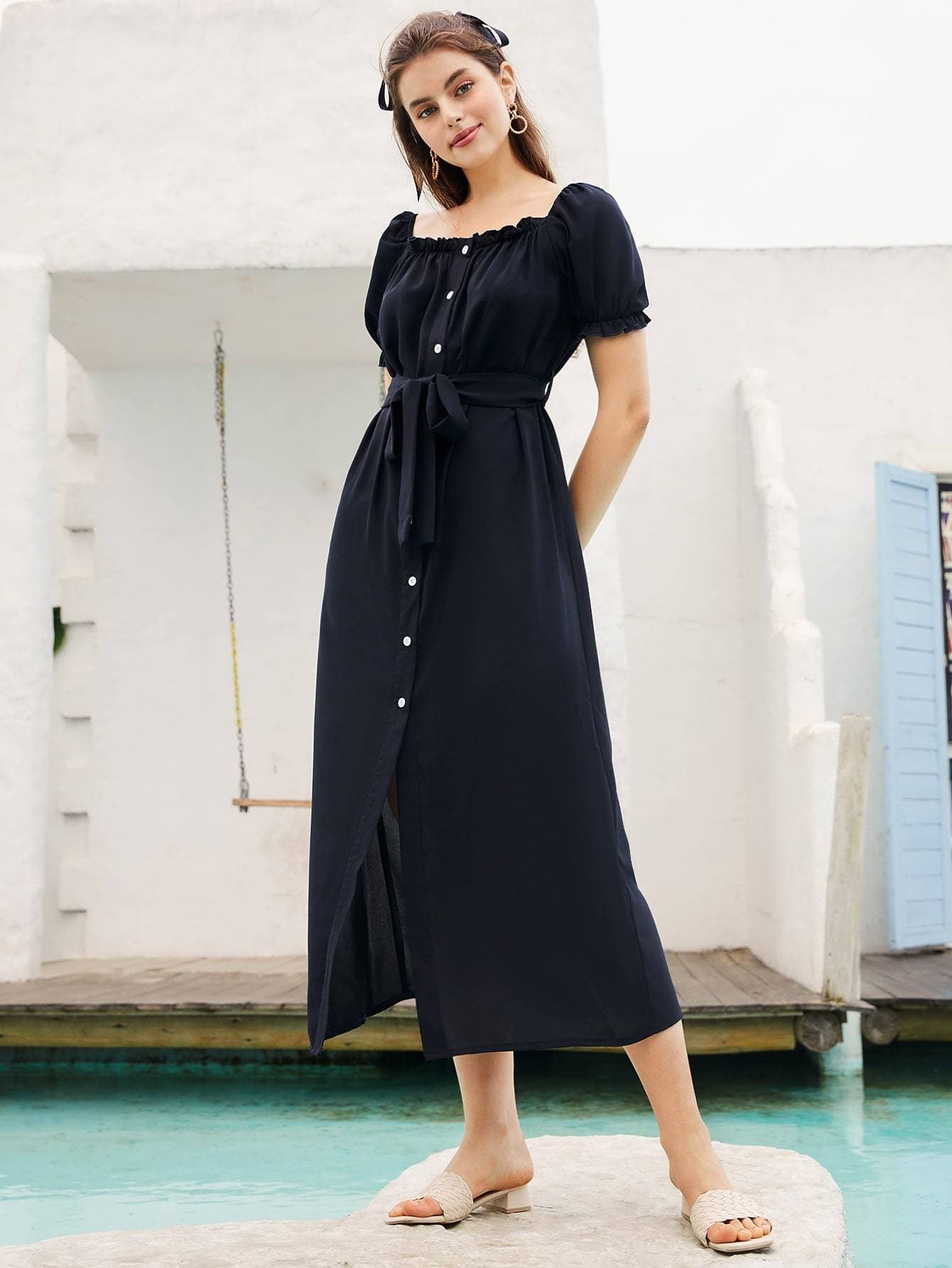 Navy Blue Flounce Sleeve Button Front High Waist Belted Dress