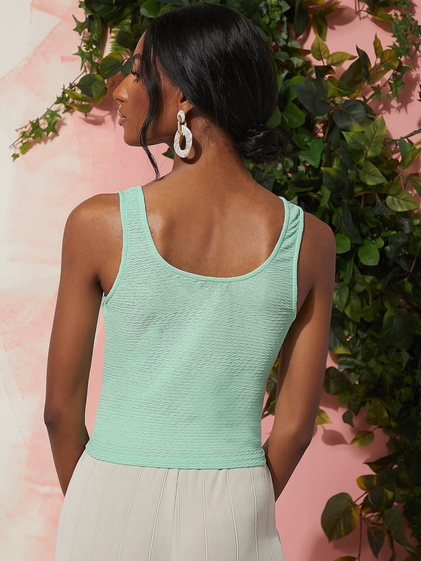 Mint Green Scoop Neck Button Front Ruched Detail Sim Fit Tank Top