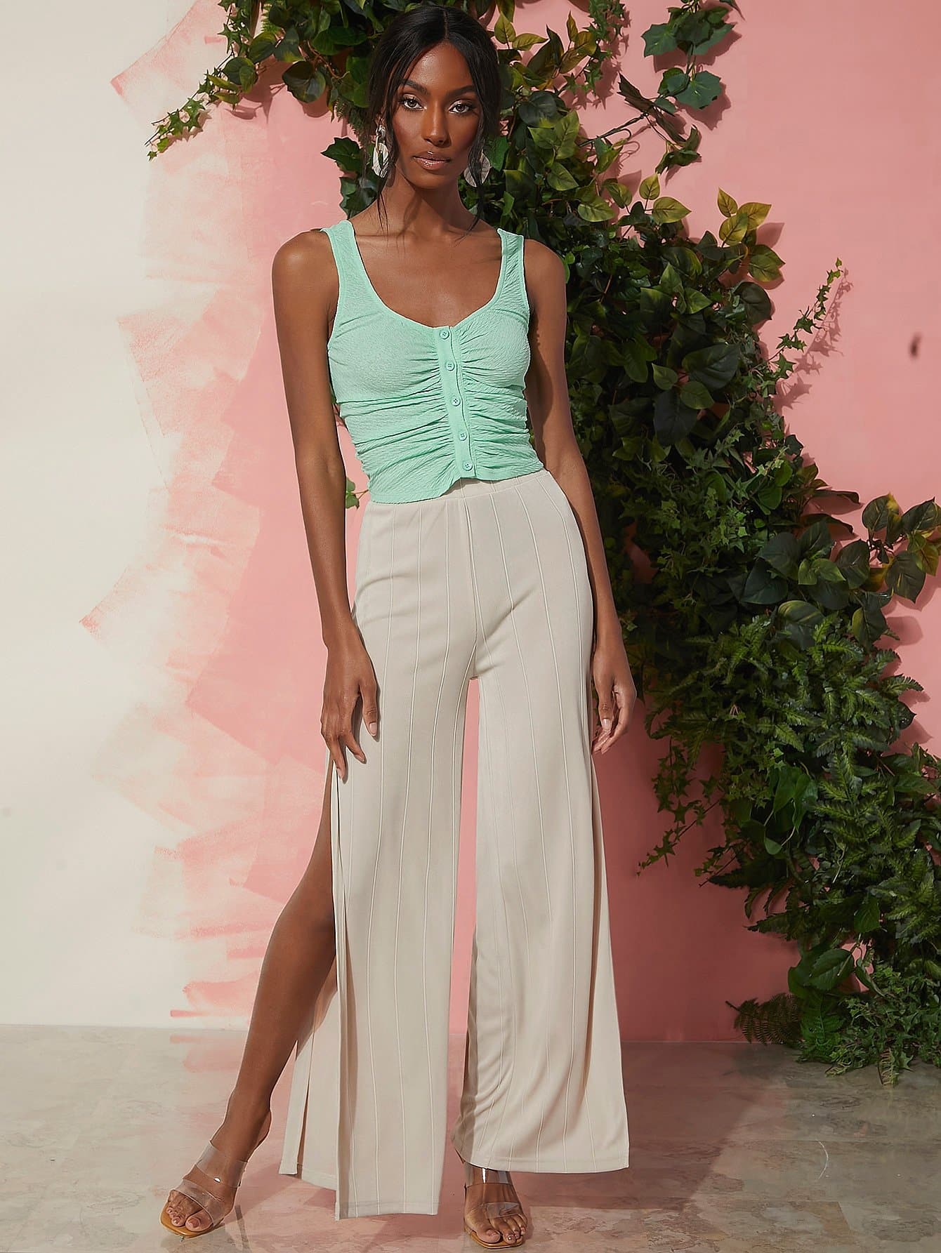 Mint Green Scoop Neck Button Front Ruched Detail Sim Fit Tank Top