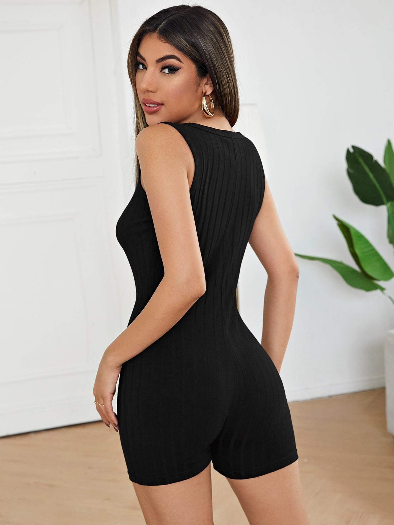 Black Notched Neck Solid Unitard Rib-Knit Sleeveless Romper