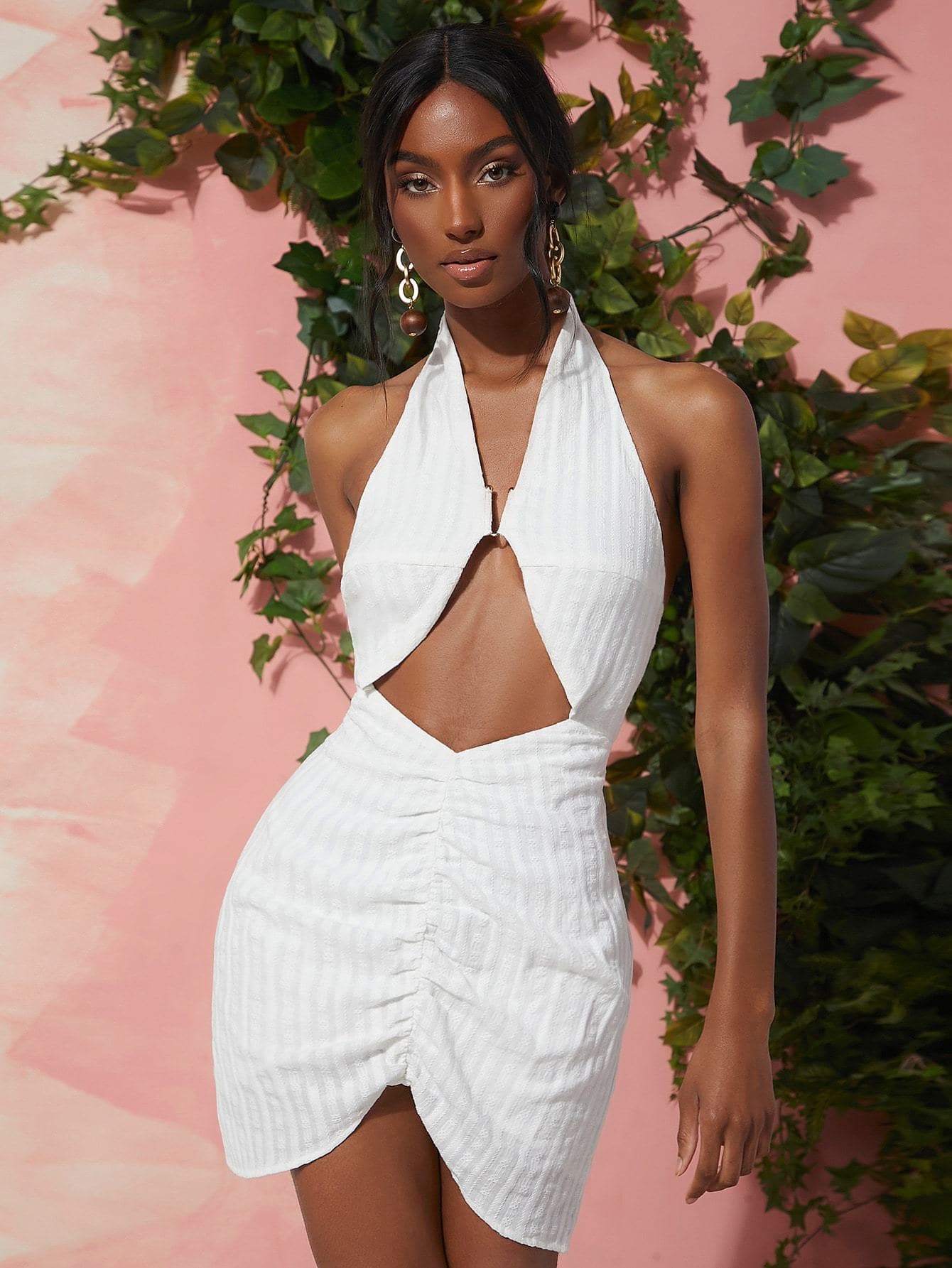 White Open Back Cutout Ruched Front Sleeveless Backless Halter Dress