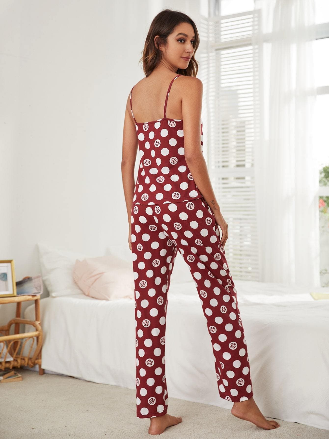 Red White Polka Dot Backless Sleeveless Pyjama Sleepwear Set With Eye Cover