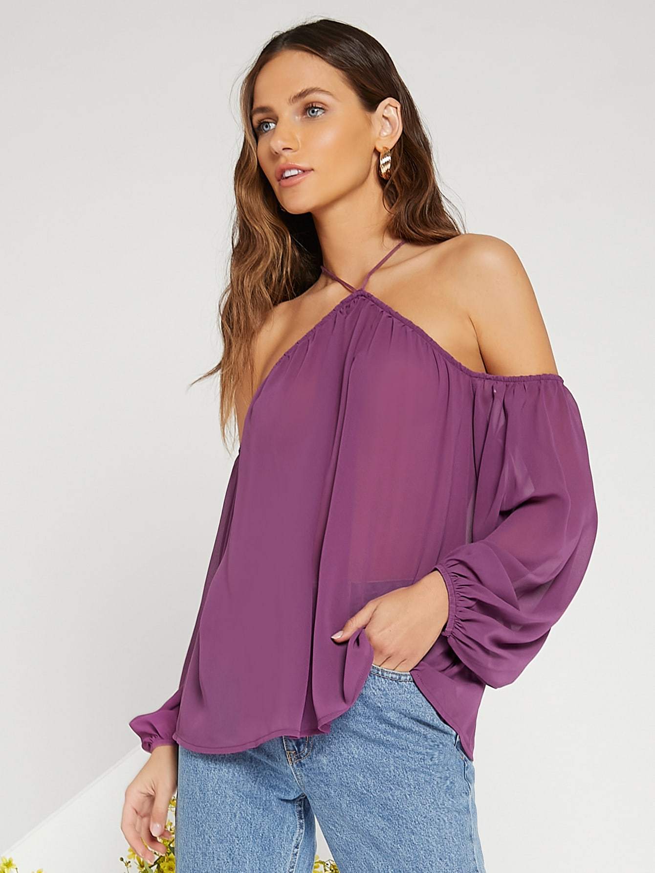 Purple Bishop Lantern Sleeve Halter Top