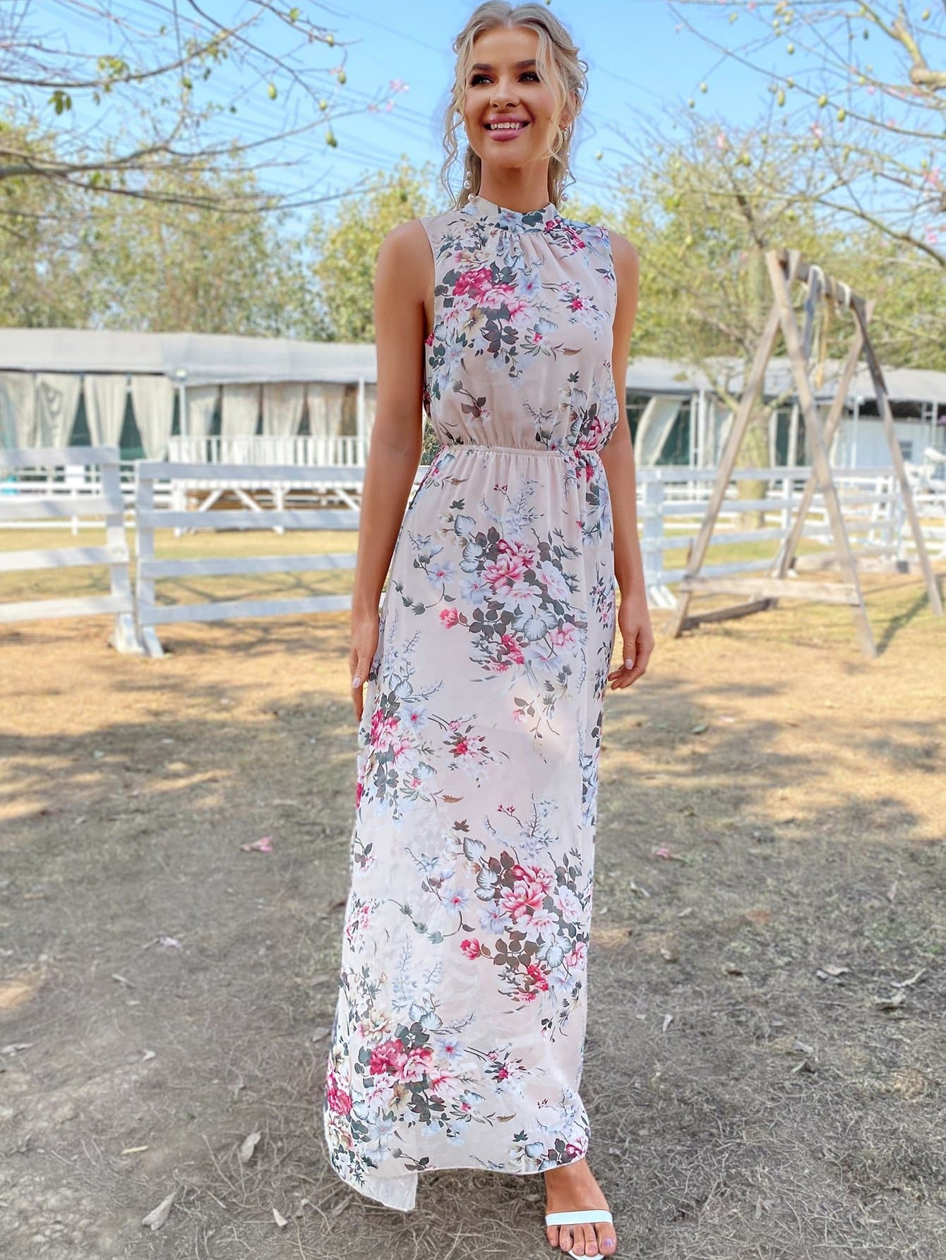 Stand Collar Floral Mock Neck Tied Backless Sleeveless Dress