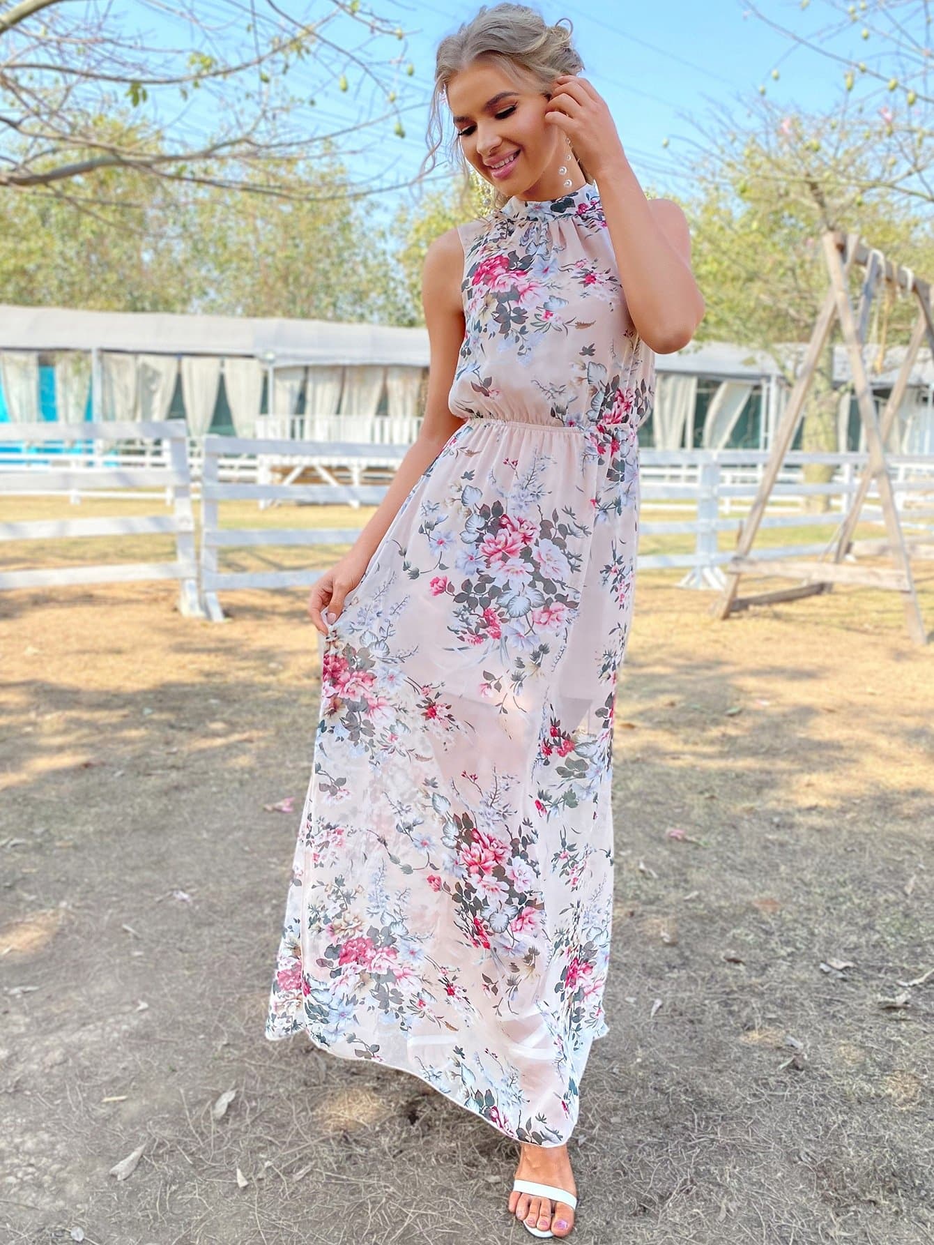 Stand Collar Floral Mock Neck Tied Backless Sleeveless Dress