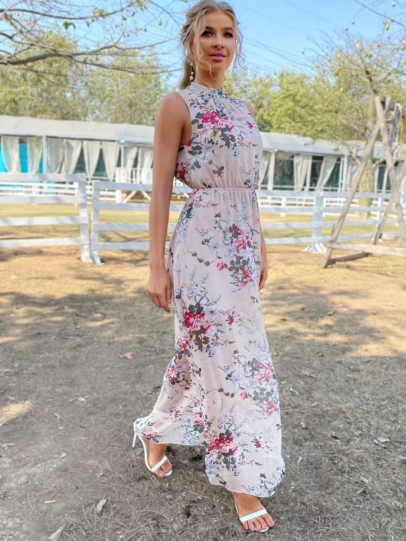 Stand Collar Floral Mock Neck Tied Backless Sleeveless Dress