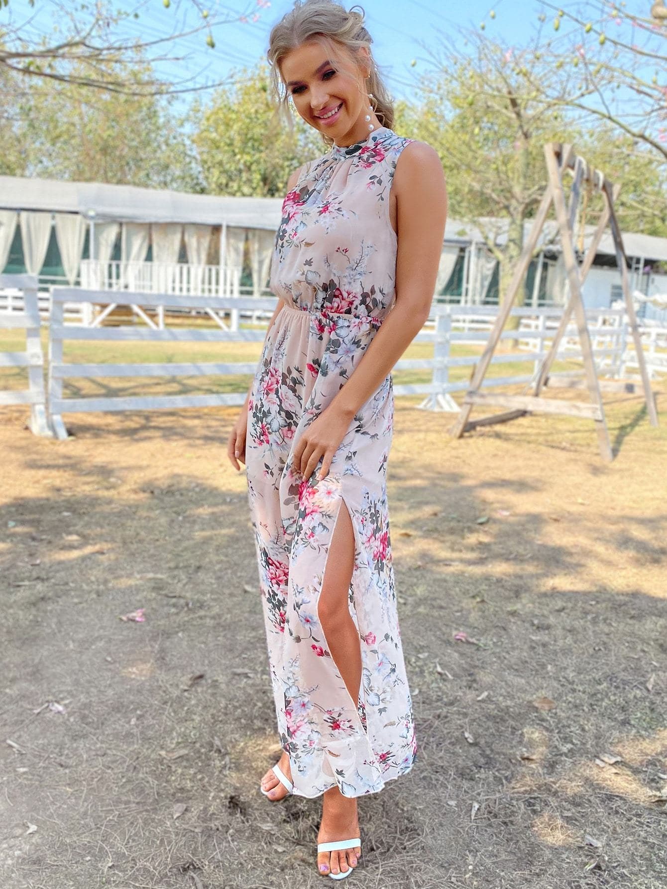 Stand Collar Floral Mock Neck Tied Backless Sleeveless Dress