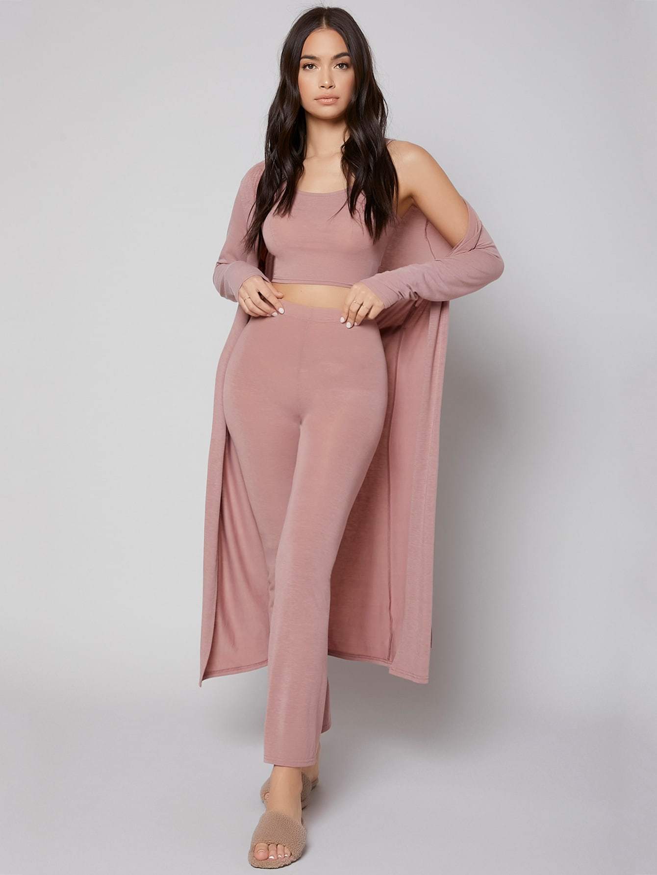 Dusty Pink Spaghetti Strap Solid Cami Lounge Set With Belted Robe