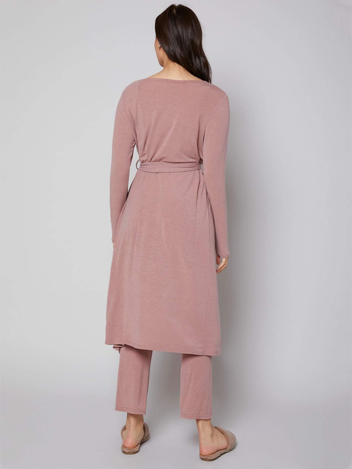 Dusty Pink Spaghetti Strap Solid Cami Lounge Set With Belted Robe
