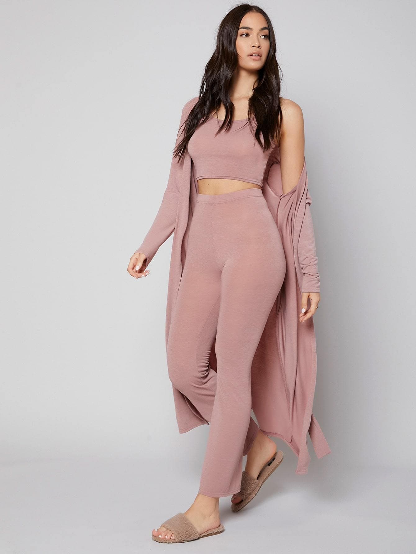Dusty Pink Spaghetti Strap Solid Cami Lounge Set With Belted Robe