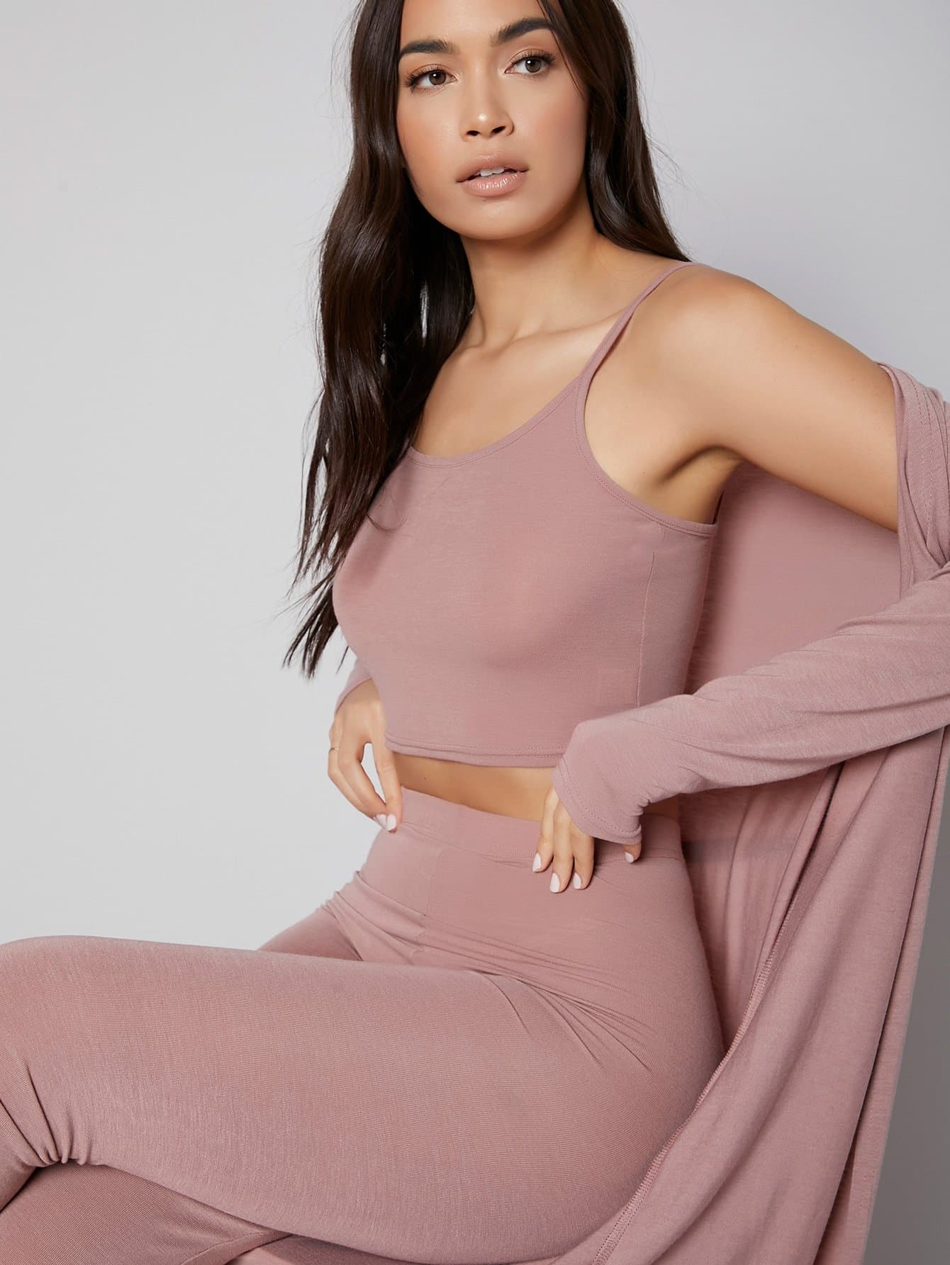 Dusty Pink Spaghetti Strap Solid Cami Lounge Set With Belted Robe