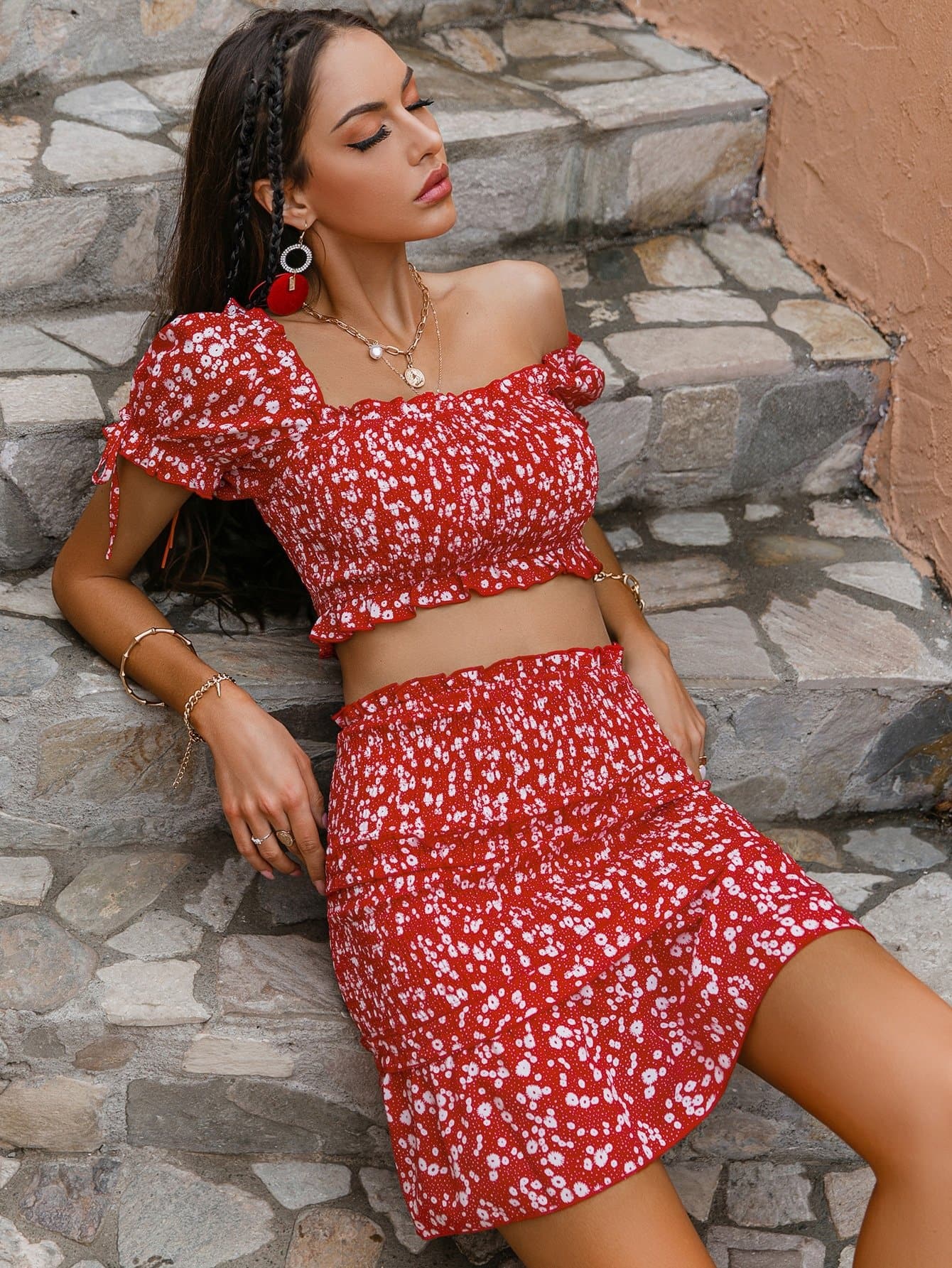 Red Square Neck Ditsy Floral Shirred Top and Ruffle Hem Skirt Set