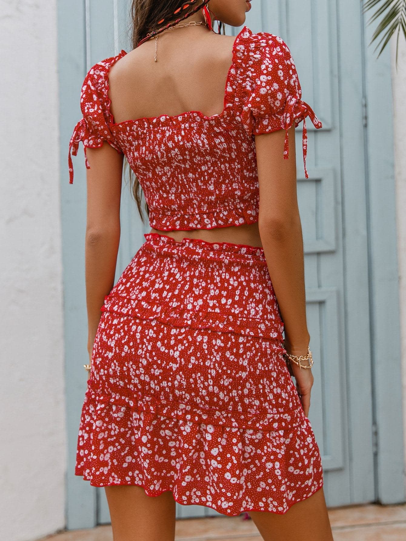 Red Square Neck Ditsy Floral Shirred Top and Ruffle Hem Skirt Set
