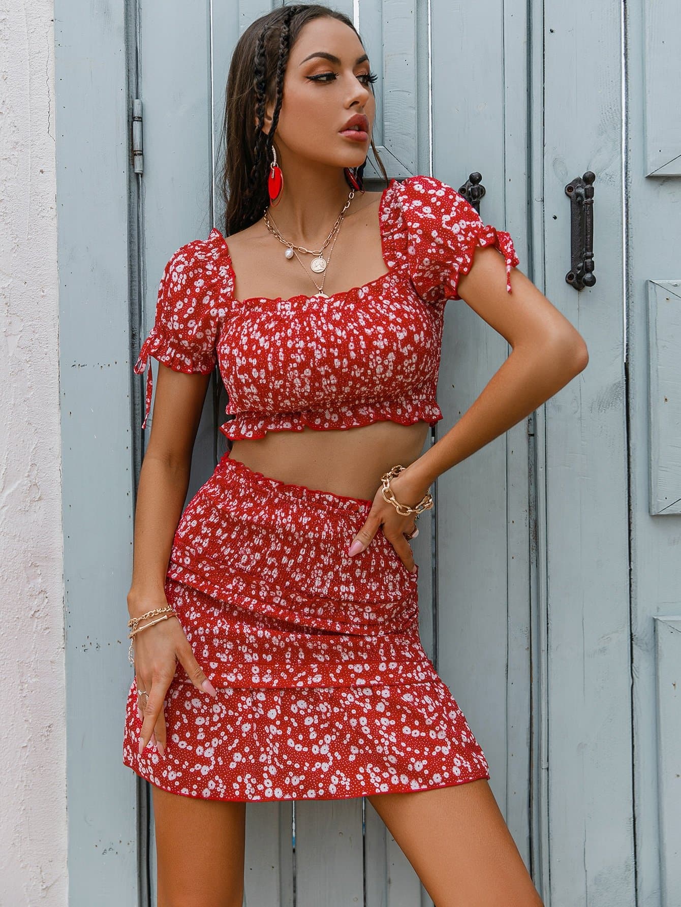 Red Square Neck Ditsy Floral Shirred Top and Ruffle Hem Skirt Set