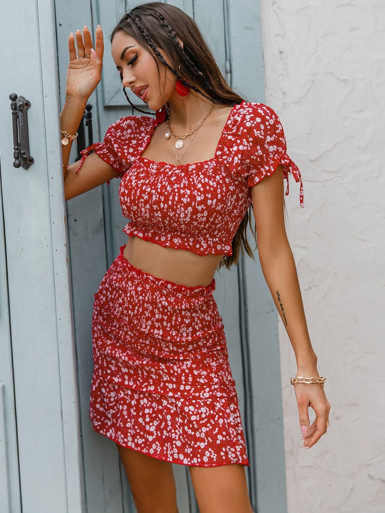 Red Square Neck Ditsy Floral Shirred Top and Ruffle Hem Skirt Set