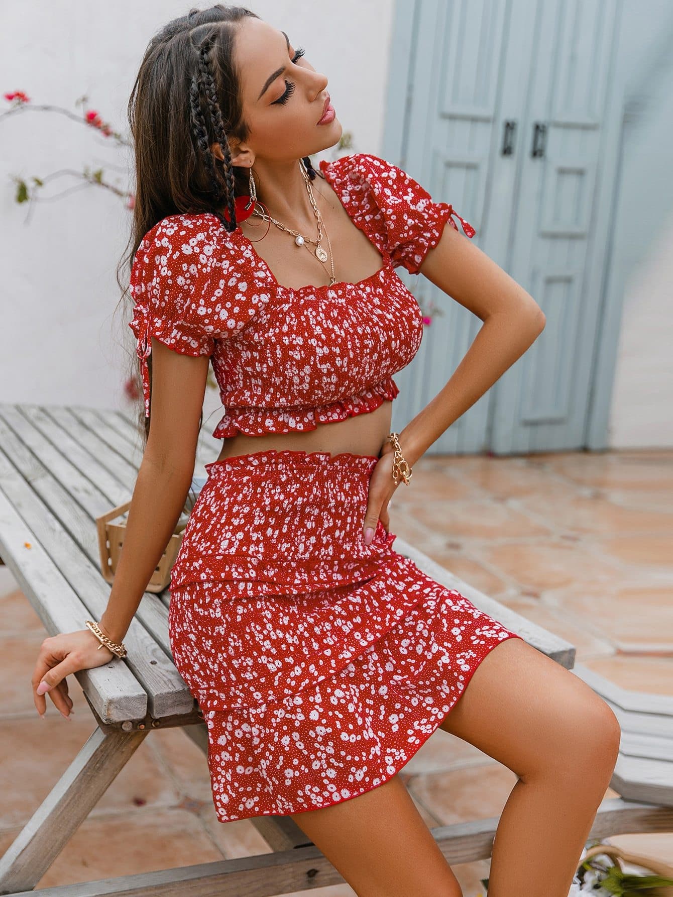 Red Square Neck Ditsy Floral Shirred Top and Ruffle Hem Skirt Set
