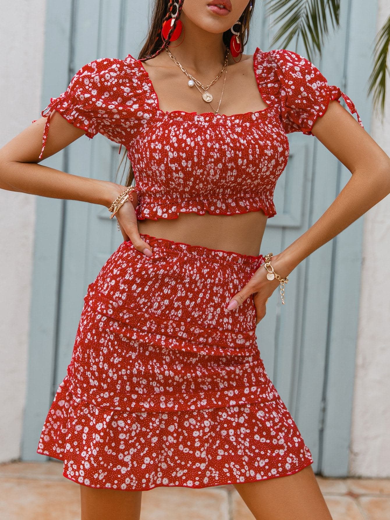 Red Square Neck Ditsy Floral Shirred Top and Ruffle Hem Skirt Set