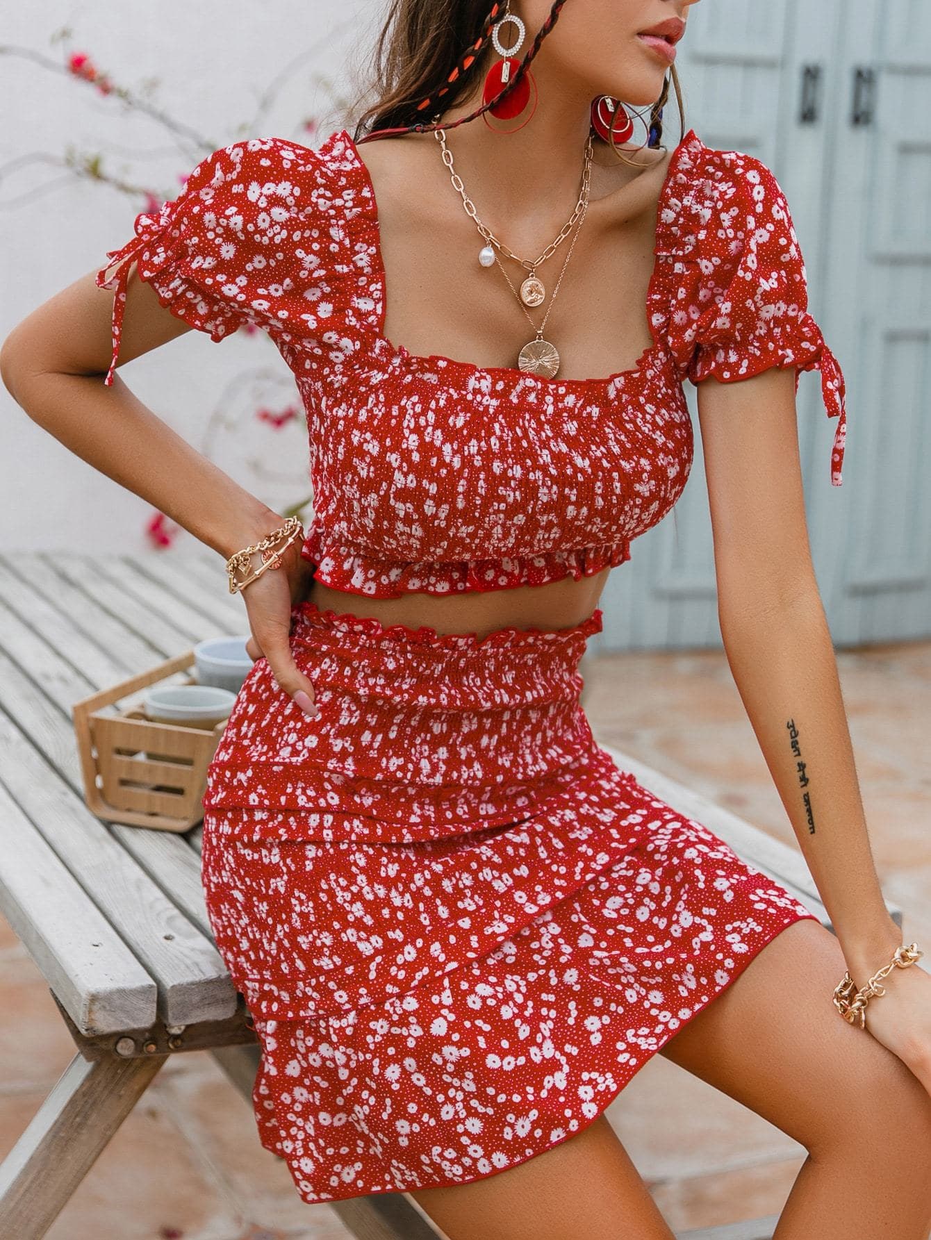Red Square Neck Ditsy Floral Shirred Top and Ruffle Hem Skirt Set