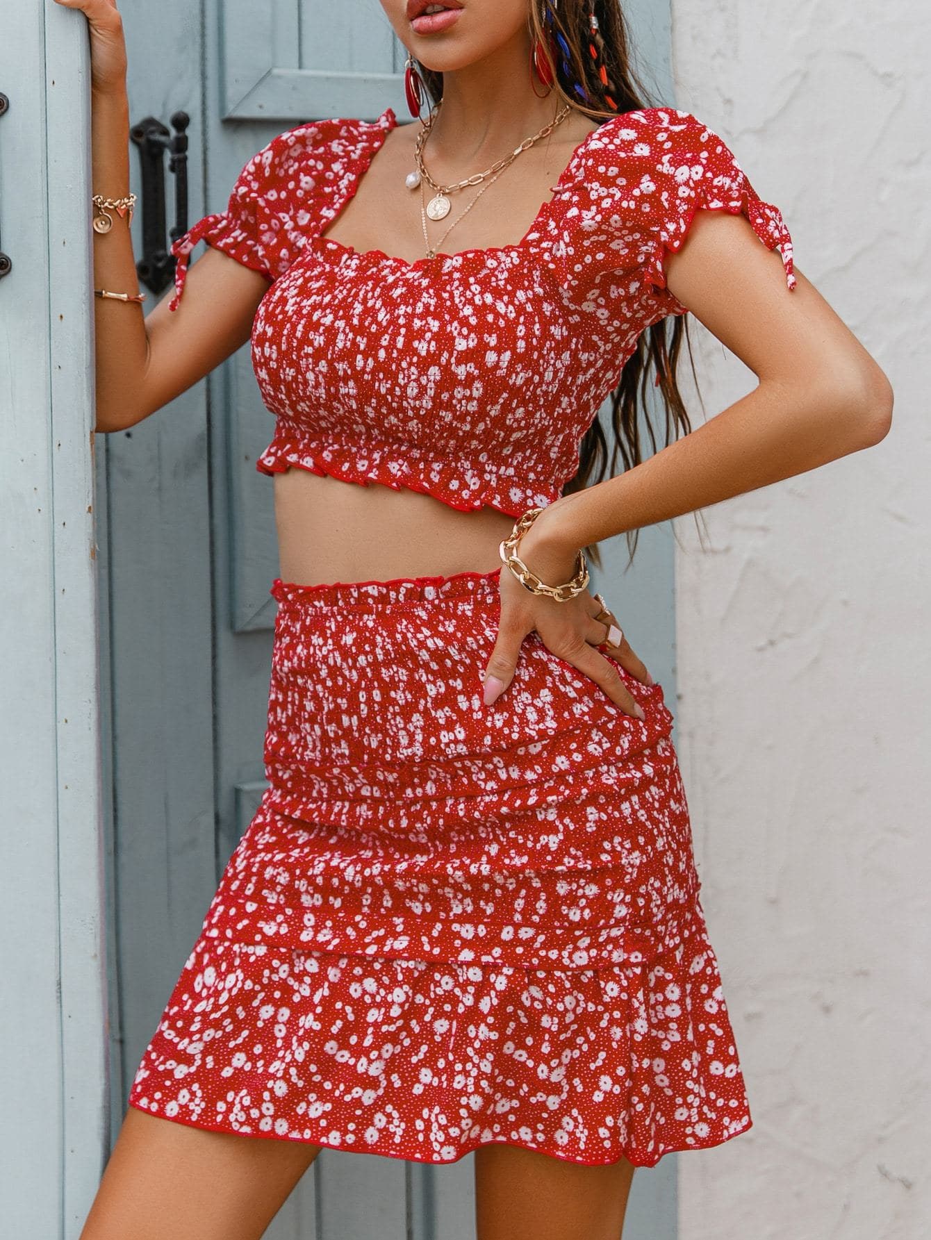 Red Square Neck Ditsy Floral Shirred Top and Ruffle Hem Skirt Set