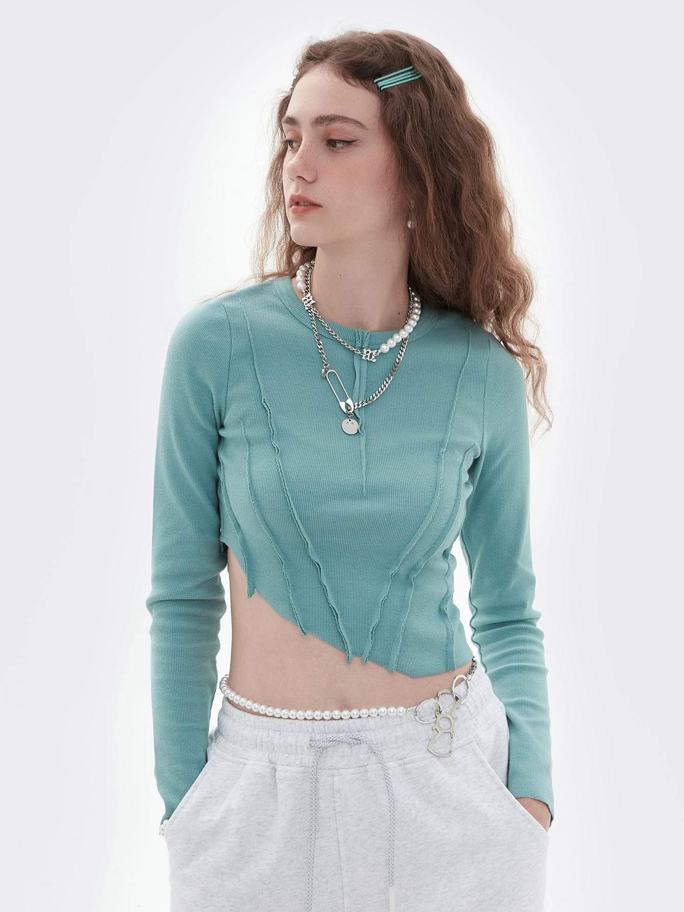 Baby Blue Round Neck Asymmetrical Hem Stitch Trim Crop Top