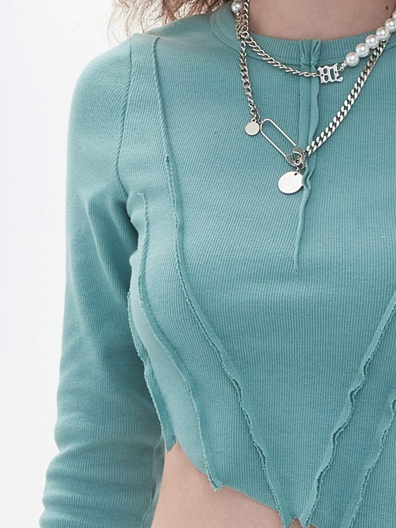 Baby Blue Round Neck Asymmetrical Hem Stitch Trim Crop Top