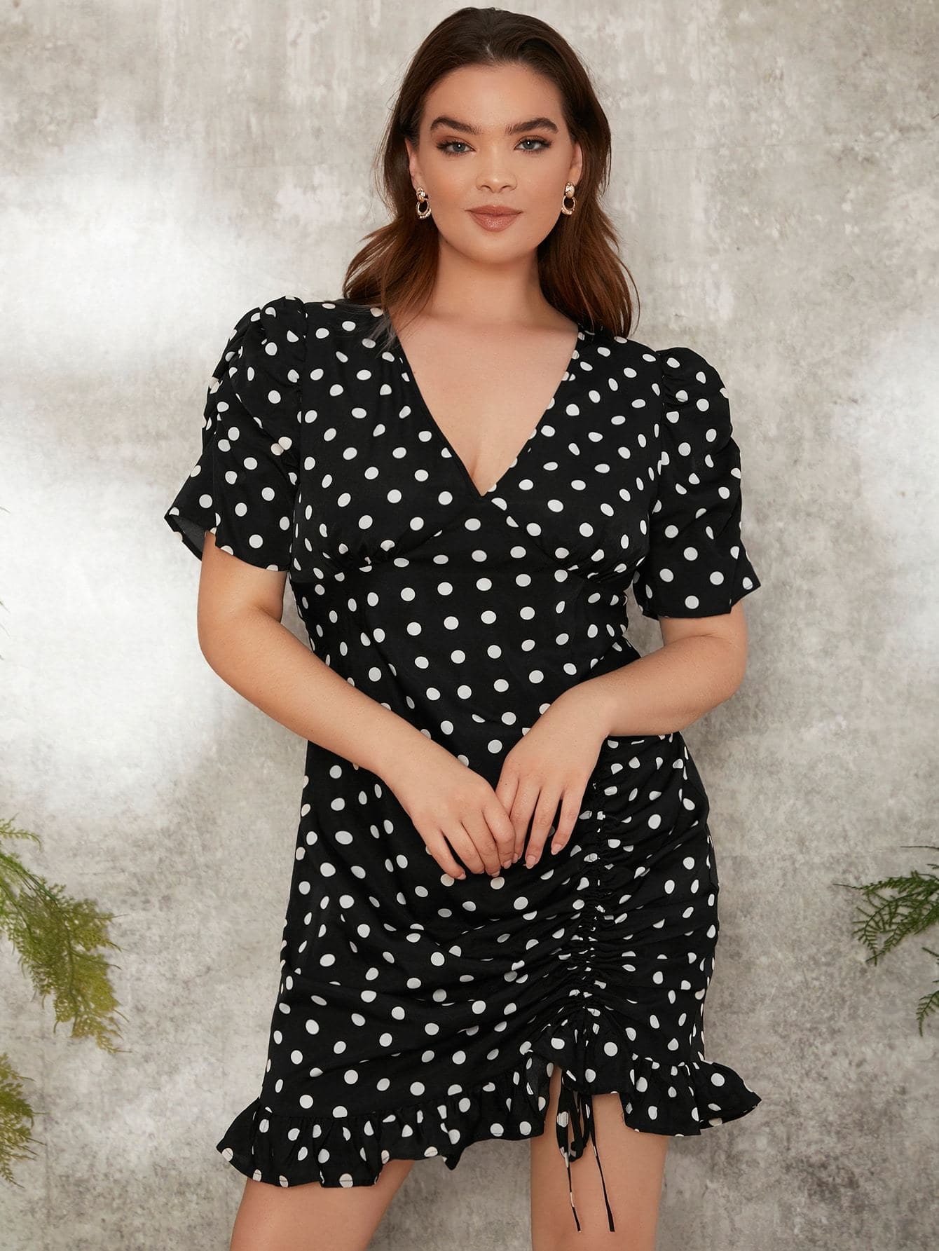 Plus Black Polka Dot V-Neck Puff Sleeve Drawstring Ruched Ruffle Hem Dress