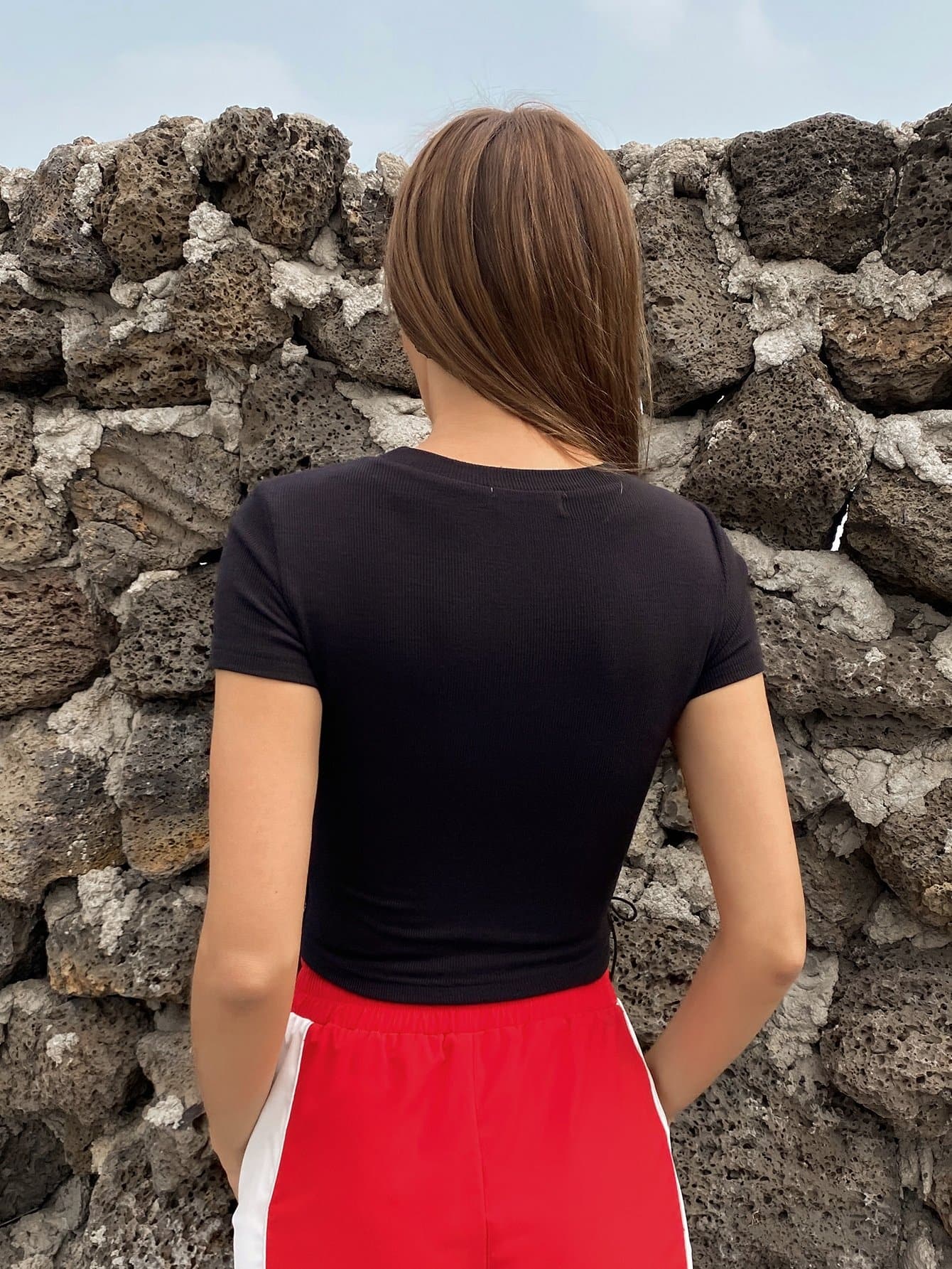 Black Eyelet Lace Up Side Slim Fit Crop Tee Top