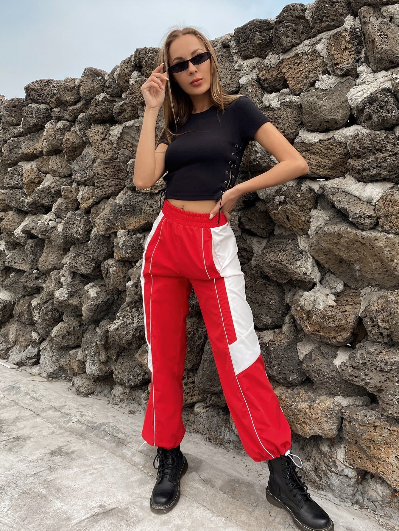 Black Eyelet Lace Up Side Slim Fit Crop Tee Top