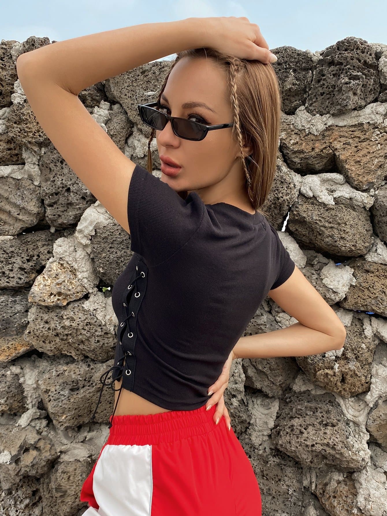 Black Eyelet Lace Up Side Slim Fit Crop Tee Top