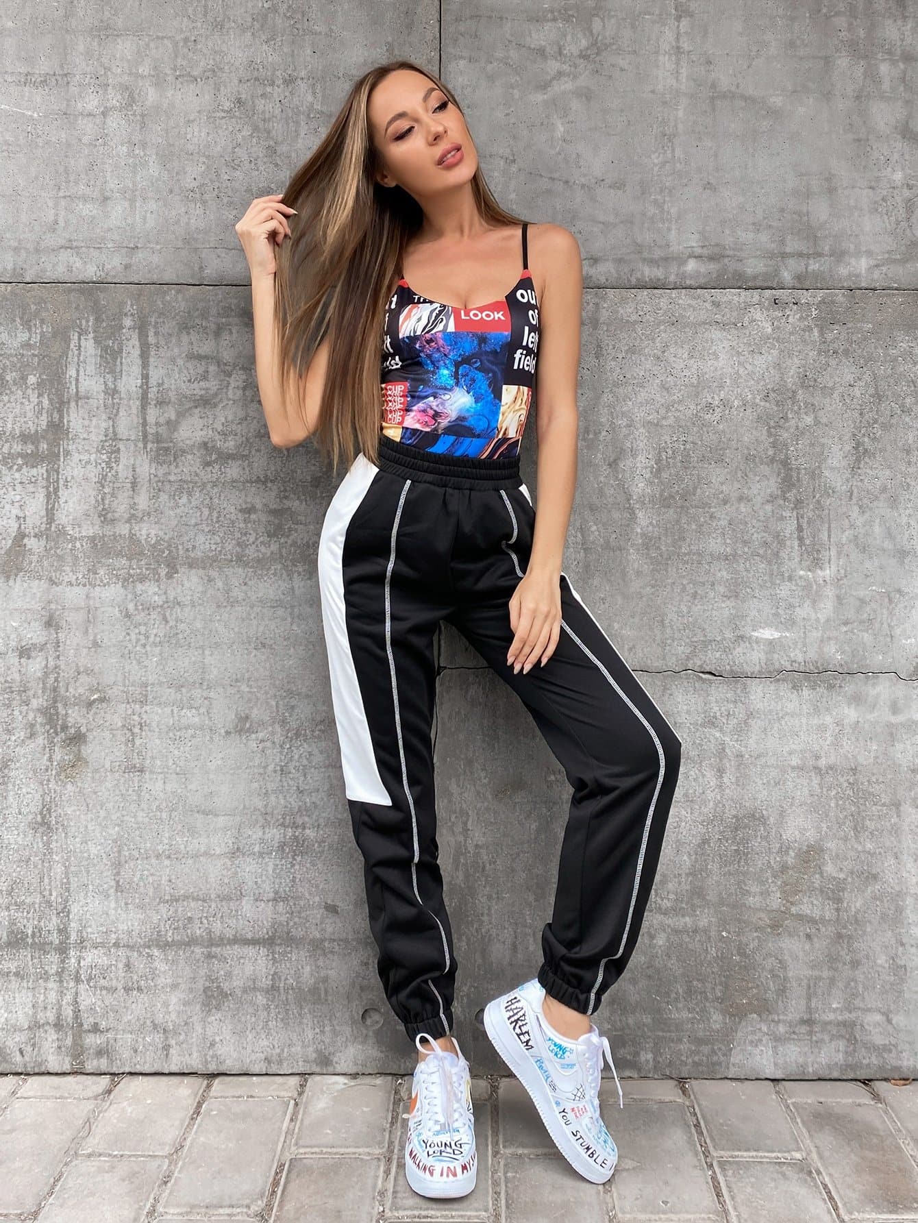 Spaghetti Strap Sleeveless Allover Print Skinny Cami Bodysuit