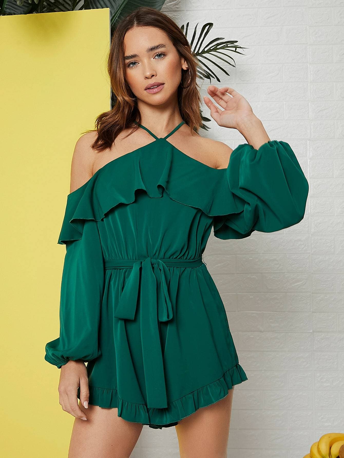 Dark Green Cold Shoulder Bishop Sleeve Self Belted Romper
