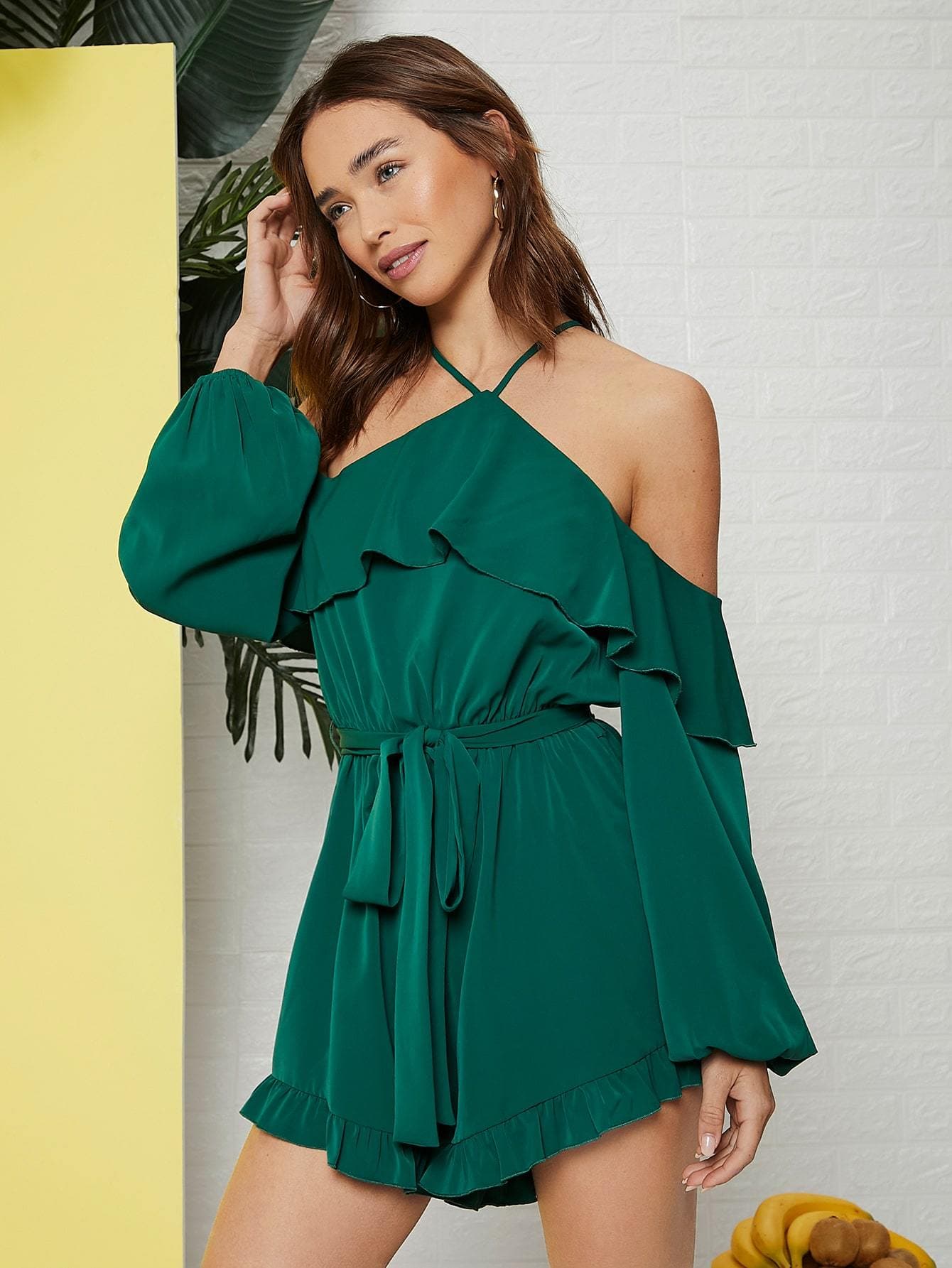 Dark Green Cold Shoulder Bishop Sleeve Self Belted Romper