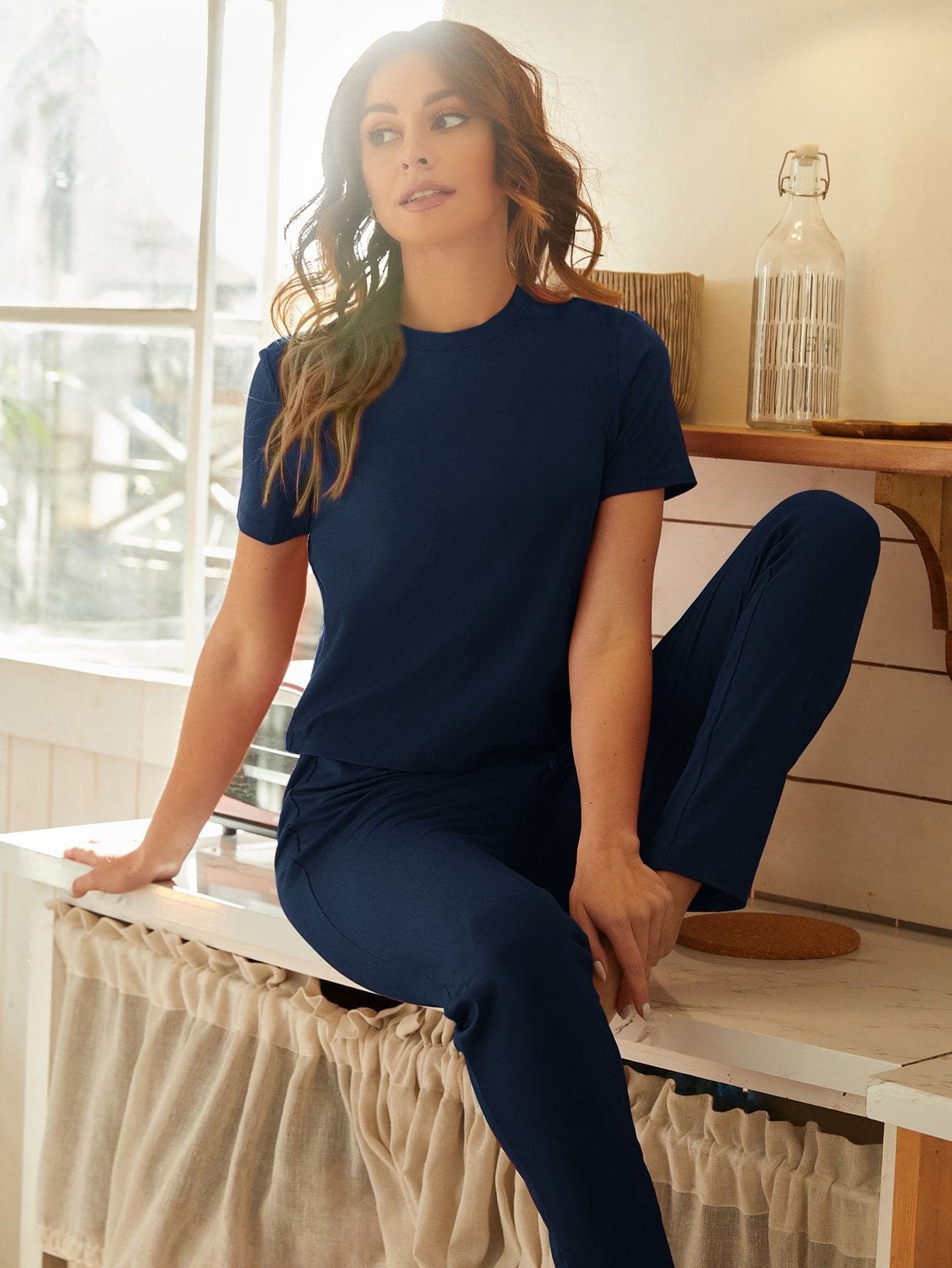Round Neck Solid Shorts Sleeve Top and Trousers Lounge Sleepwear Set