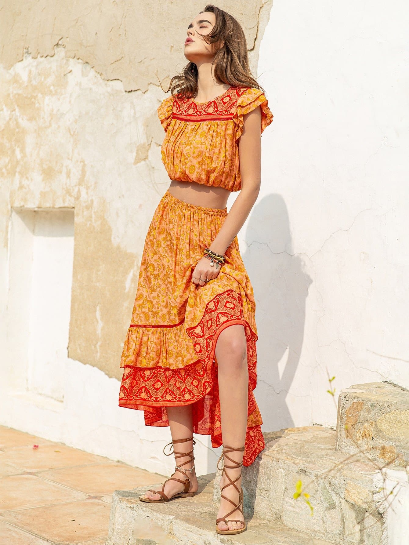 Mustard Yellow Round Neck Layered Ruffle Trim Floral Top and Skirt Set